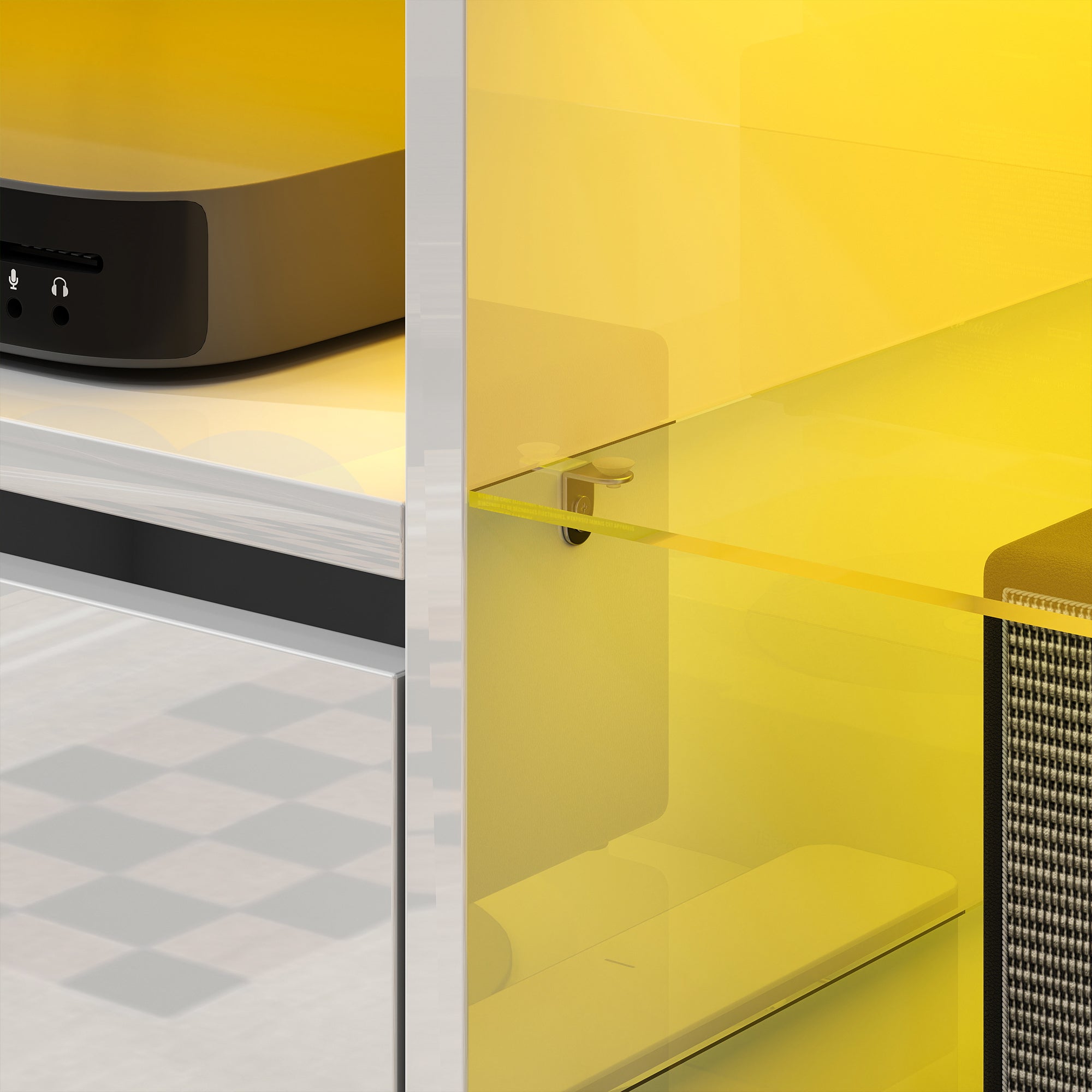 Meuble TV 120 cm, meuble télé pour téléviseur jusqu'à 55 pouces avec éclairage LED et télécommande, étagères en verre réglables, compartiments ouverts et passe-câbles, banc TV pour salon blanc