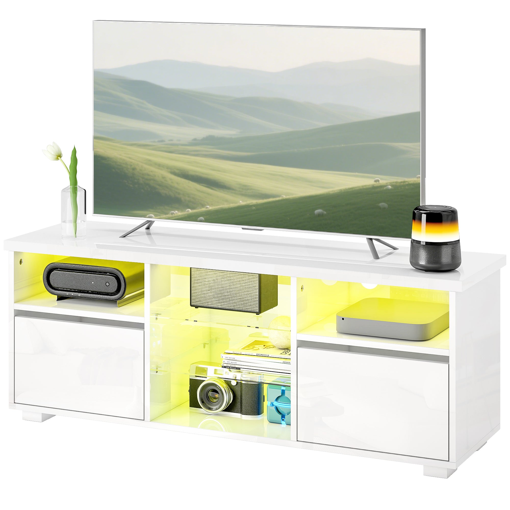 Meuble TV 120 cm, meuble télé pour téléviseur jusqu'à 55 pouces avec éclairage LED et télécommande, étagères en verre réglables, compartiments ouverts et passe-câbles, banc TV pour salon blanc