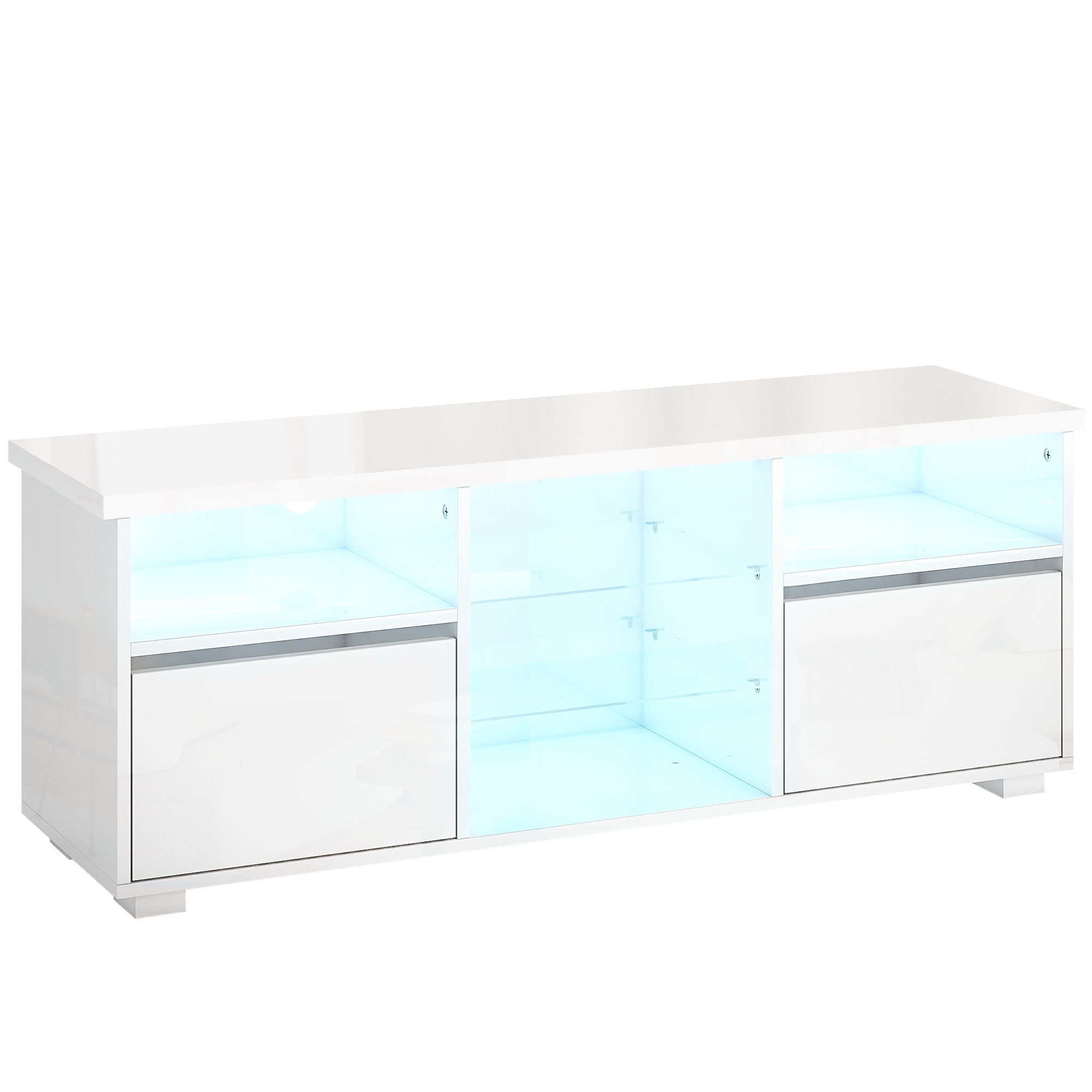 Meuble TV 120 cm, meuble télé pour téléviseur jusqu'à 55 pouces avec éclairage LED et télécommande, étagères en verre réglables, compartiments ouverts et passe-câbles, banc TV pour salon blanc