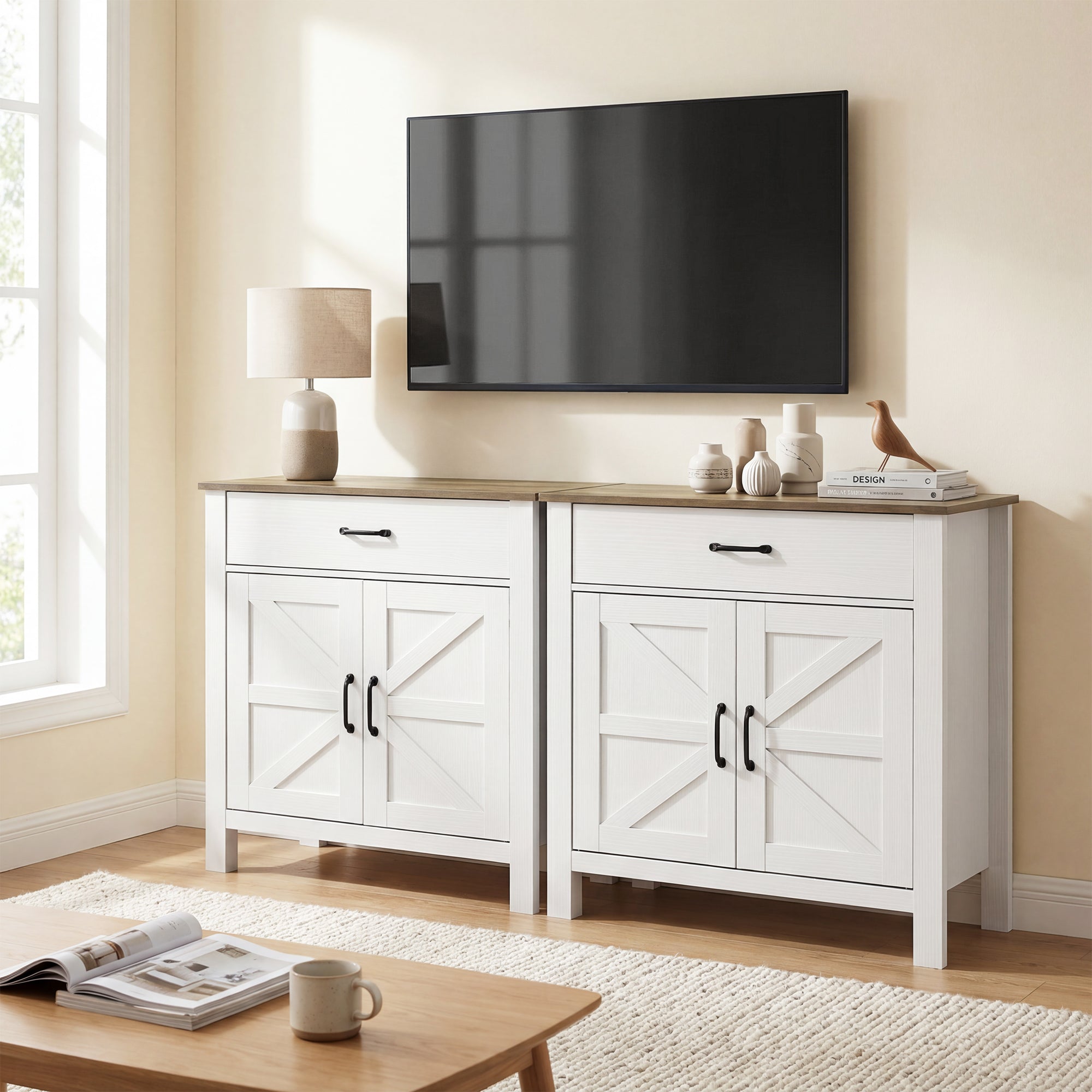 Buffet salon, meuble de rangement avec 2 portes de grange, tiroir et étagère réglable, style rustique, buffet salle à manger et cuisine, 77 x 39,3 x 81,5 cm, blanc et marron