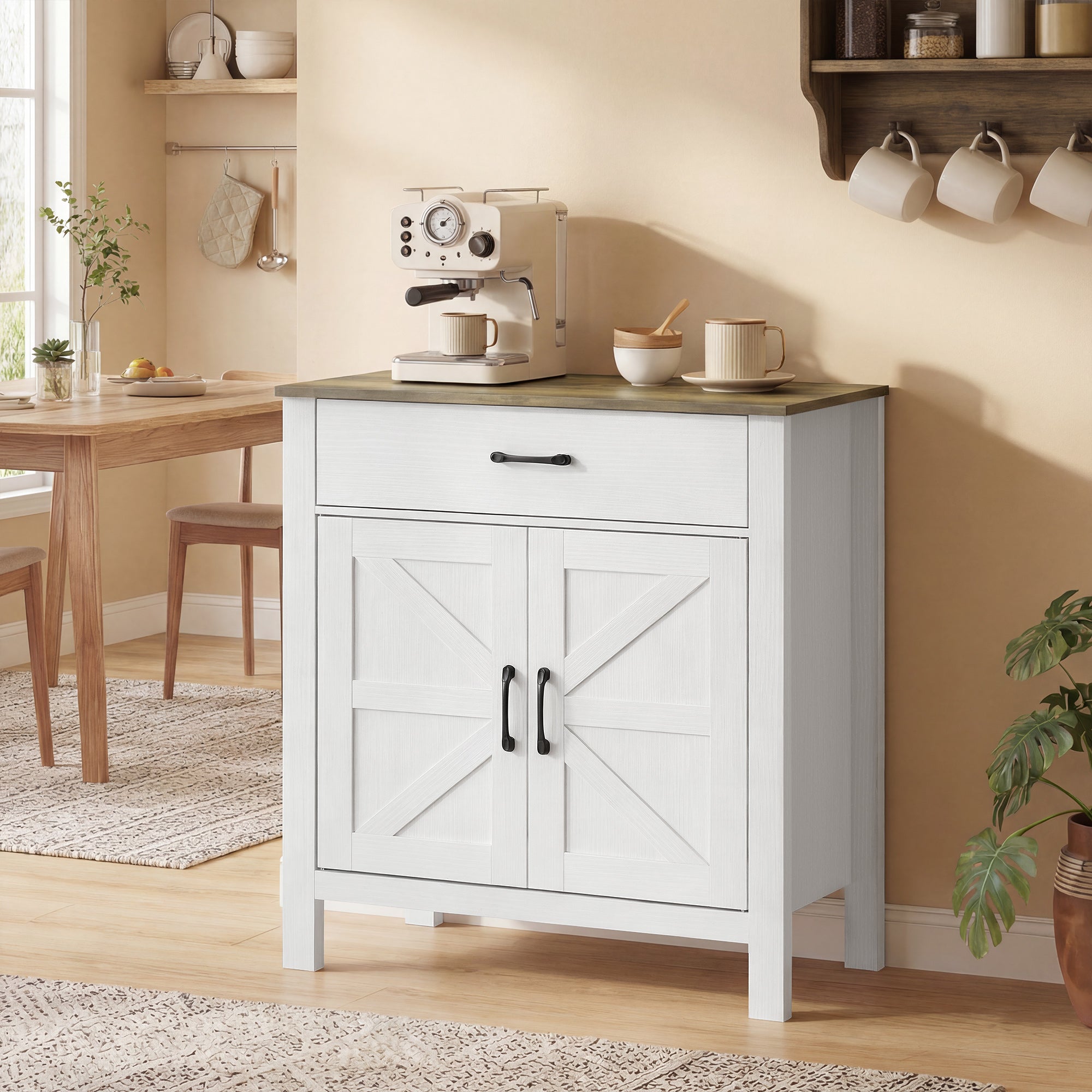 Buffet salon, meuble de rangement avec 2 portes de grange, tiroir et étagère réglable, style rustique, buffet salle à manger et cuisine, 77 x 39,3 x 81,5 cm, blanc et marron