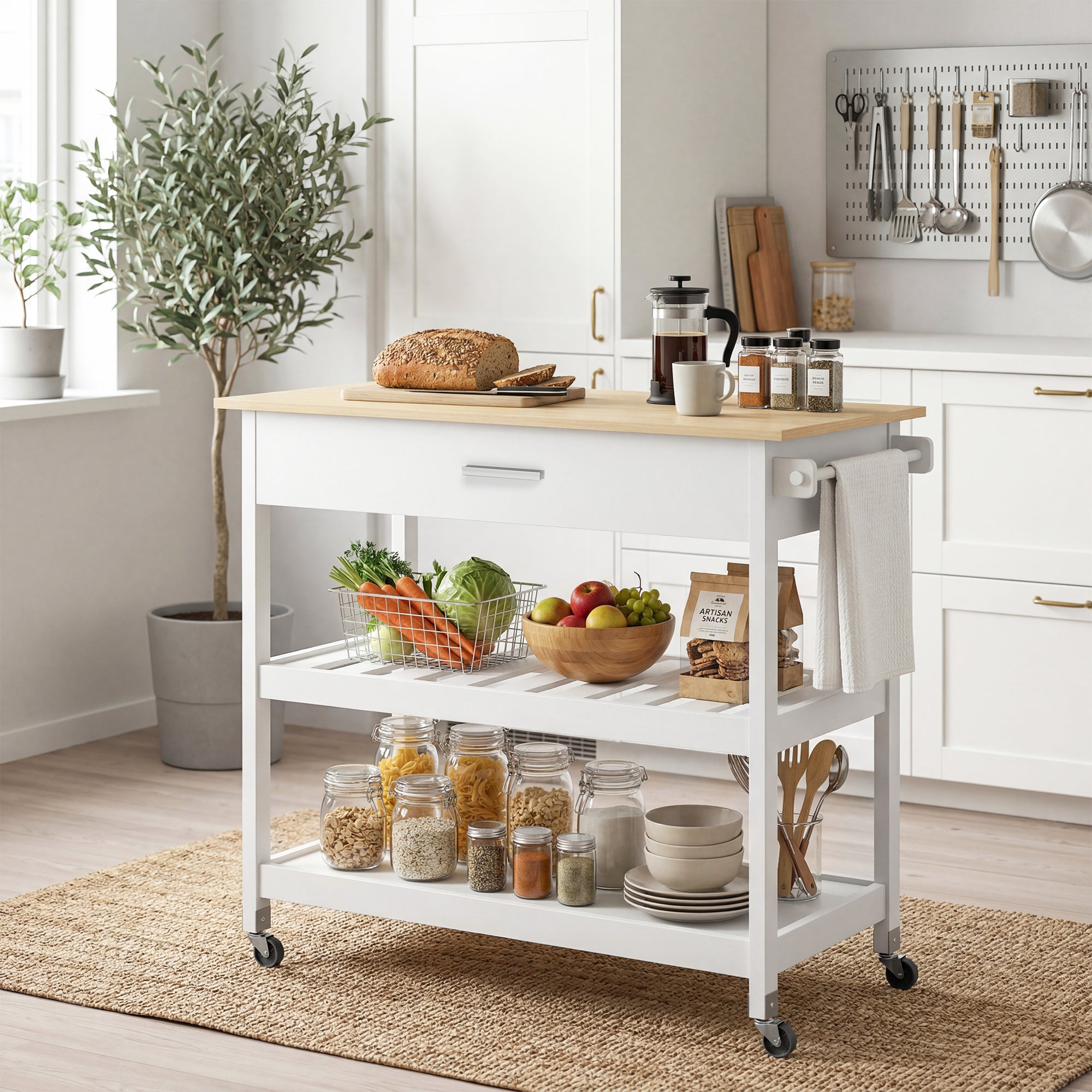 Desserte de cuisine à roulettes, îlot central cuisine avec plan de travail, tiroir, étagères, porte-serviettes, chariot de rangement pour salle à manger, 108,8 x 51 x 92,5 cm, blanc
