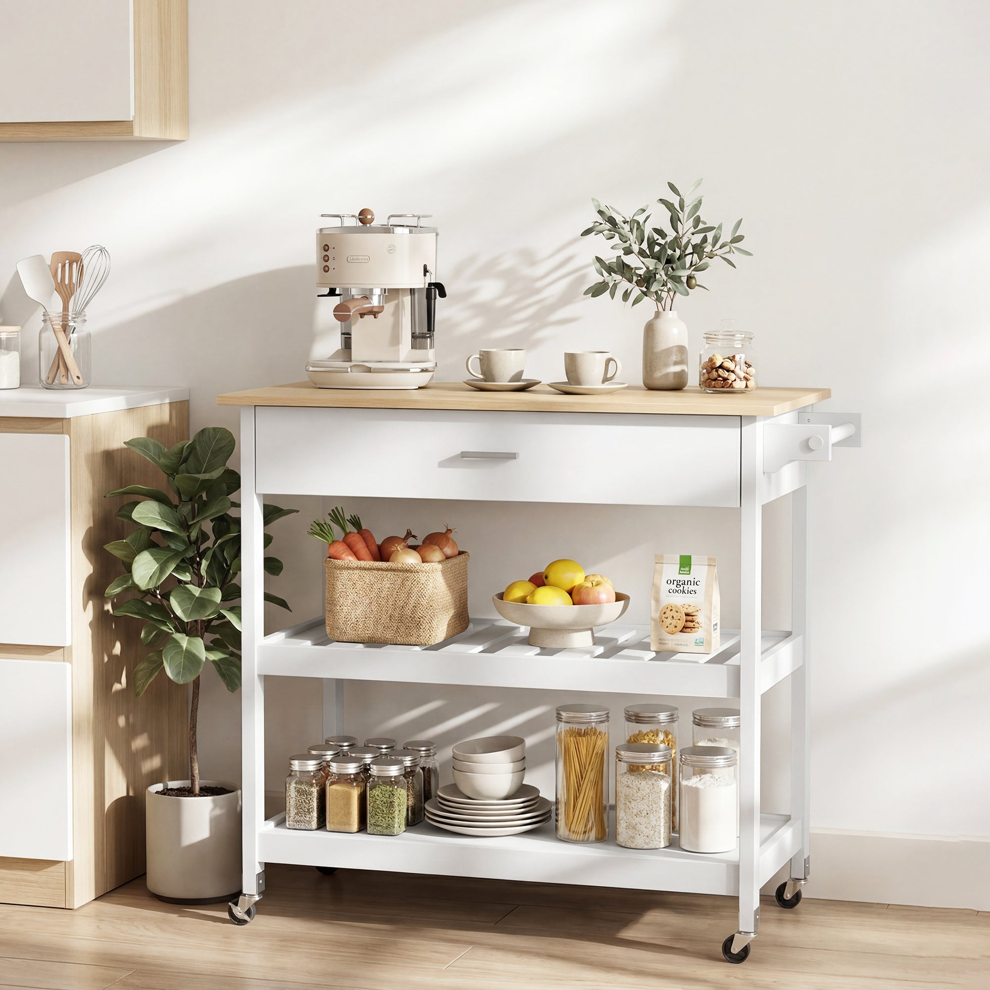 Desserte de cuisine à roulettes, îlot central cuisine avec plan de travail, tiroir, étagères, porte-serviettes, chariot de rangement pour salle à manger, 108,8 x 51 x 92,5 cm, blanc