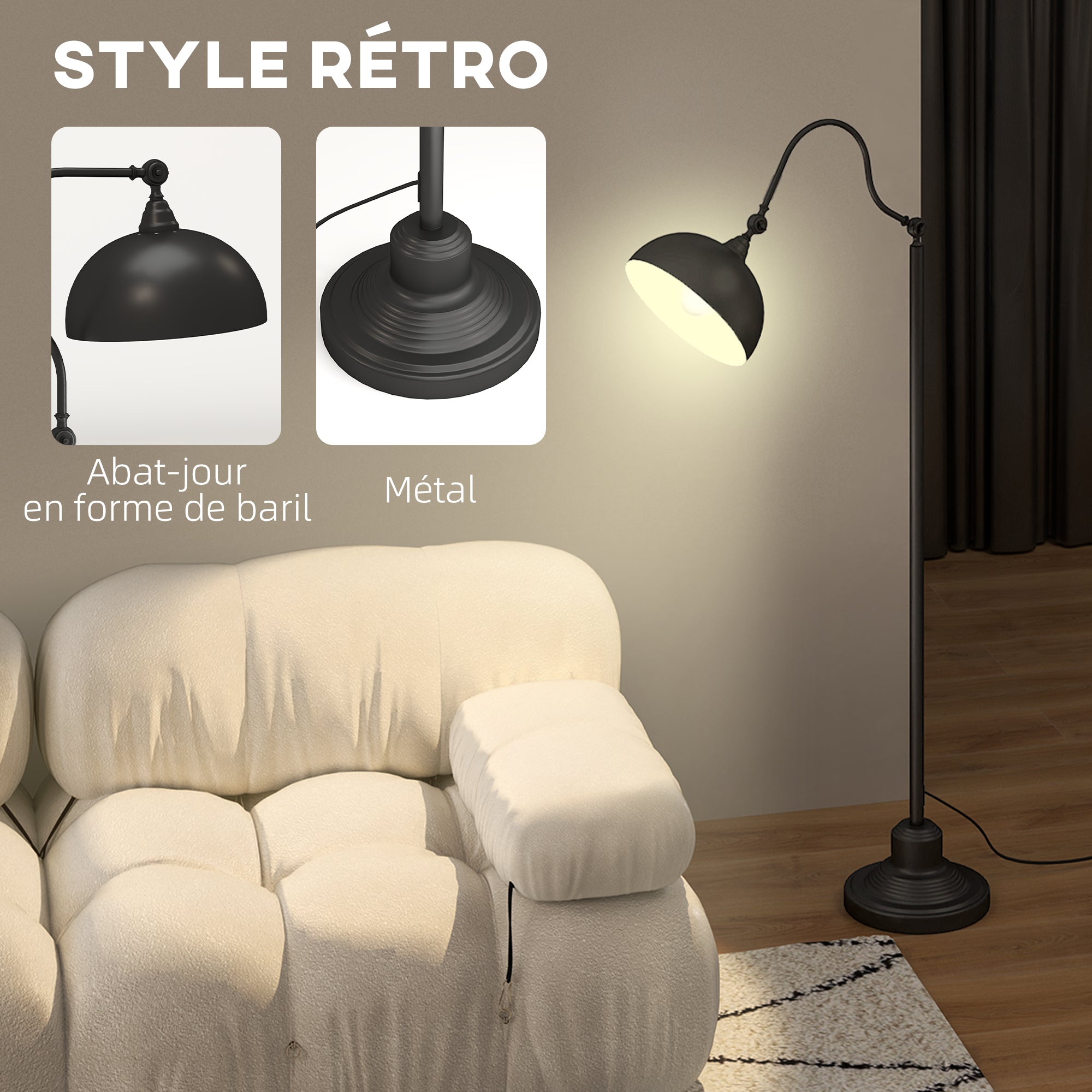 Lampadaire sur pied salon rotatif à 180°, lampadaire à arc avec abat-jour réglable, interrupteur, lampe sur pied E27, lampe de lecture en métal, pour salon, chambre, bureau, noir