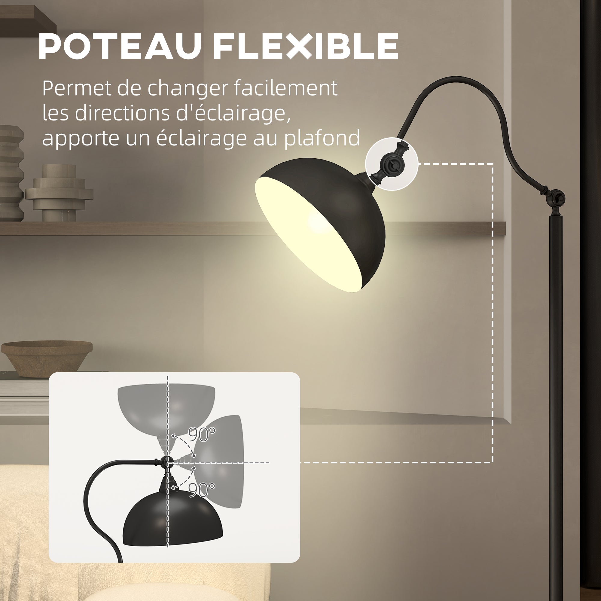 Lampadaire sur pied salon rotatif à 180°, lampadaire à arc avec abat-jour réglable, interrupteur, lampe sur pied E27, lampe de lecture en métal, pour salon, chambre, bureau, noir