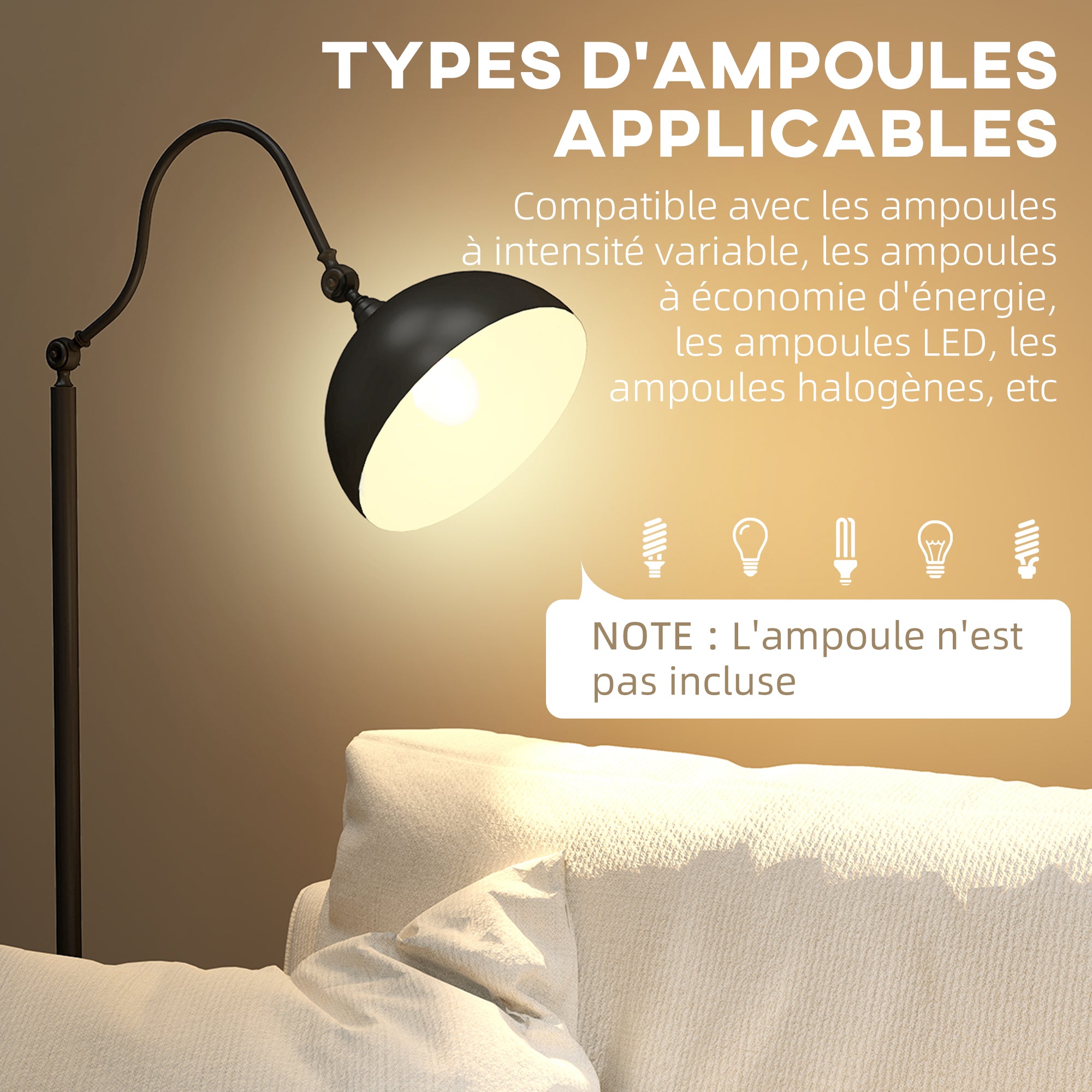 Lampadaire sur pied salon rotatif à 180°, lampadaire à arc avec abat-jour réglable, interrupteur, lampe sur pied E27, lampe de lecture en métal, pour salon, chambre, bureau, noir