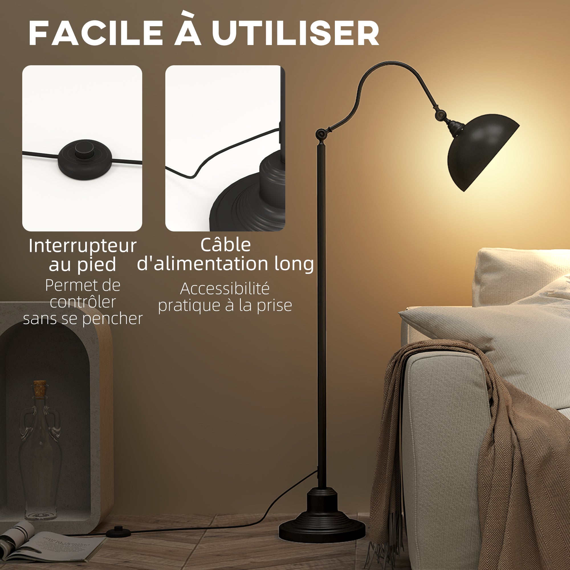 Lampadaire sur pied salon rotatif à 180°, lampadaire à arc avec abat-jour réglable, interrupteur, lampe sur pied E27, lampe de lecture en métal, pour salon, chambre, bureau, noir