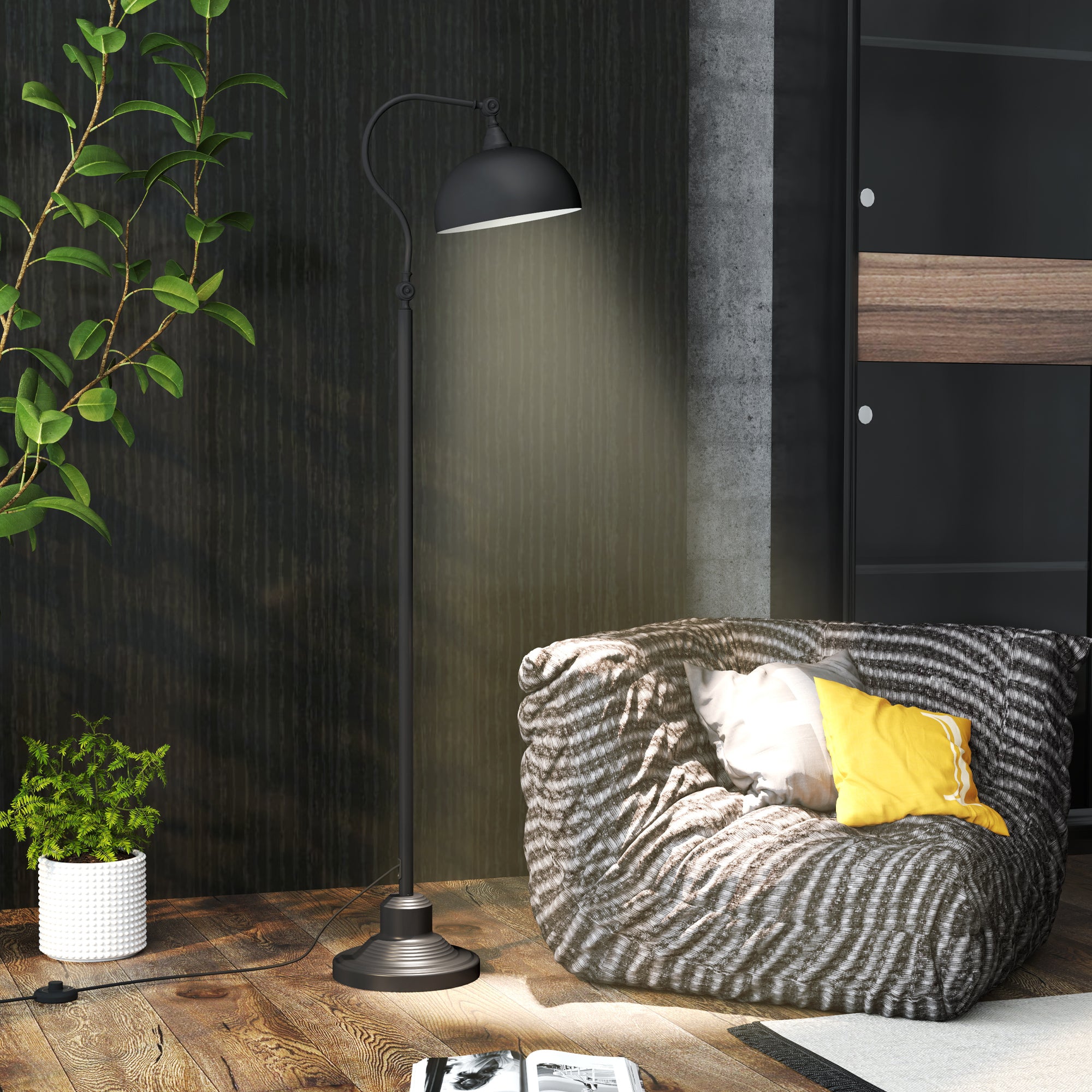 Lampadaire sur pied salon rotatif à 180°, lampadaire à arc avec abat-jour réglable, interrupteur, lampe sur pied E27, lampe de lecture en métal, pour salon, chambre, bureau, noir