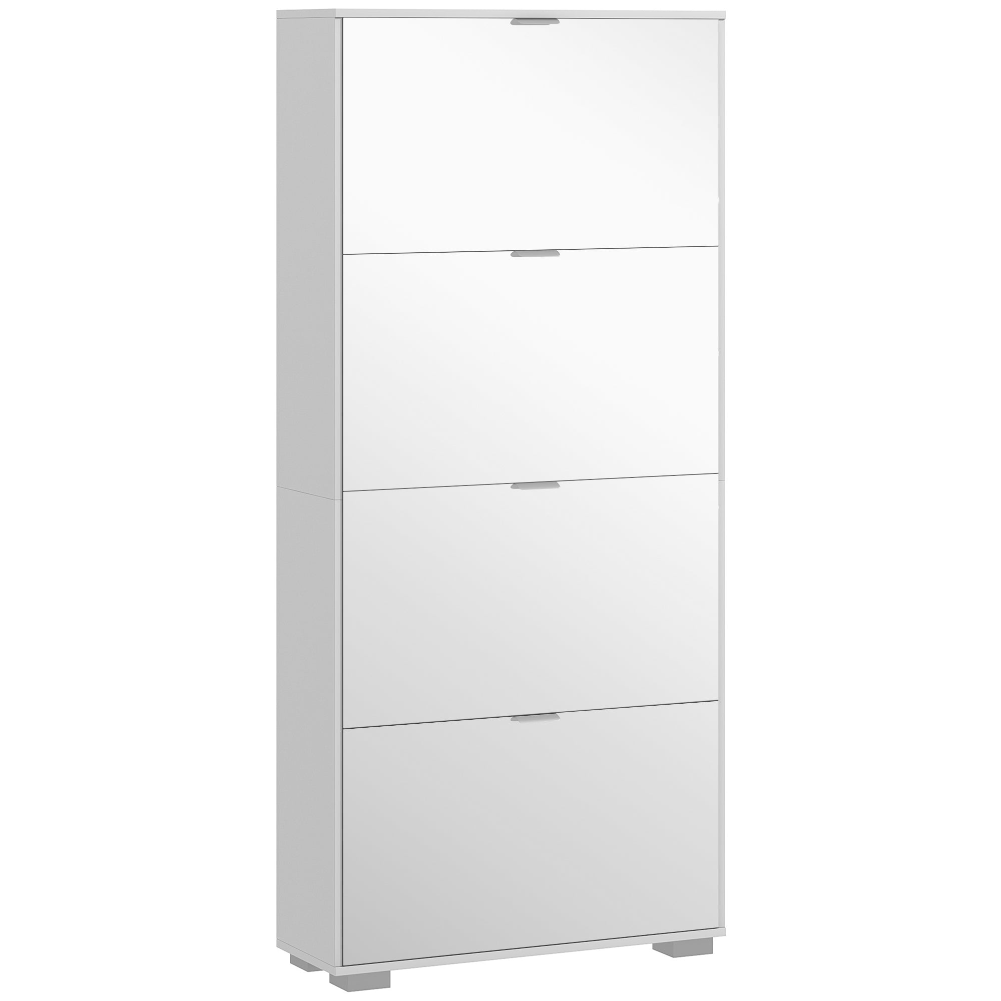 Meuble à chaussures 2 en 1 armoire à chaussures étroite façades miroir, 4 portes abattants, étagères réglables, gain de place, 76l x 26P x 168H cm blanc