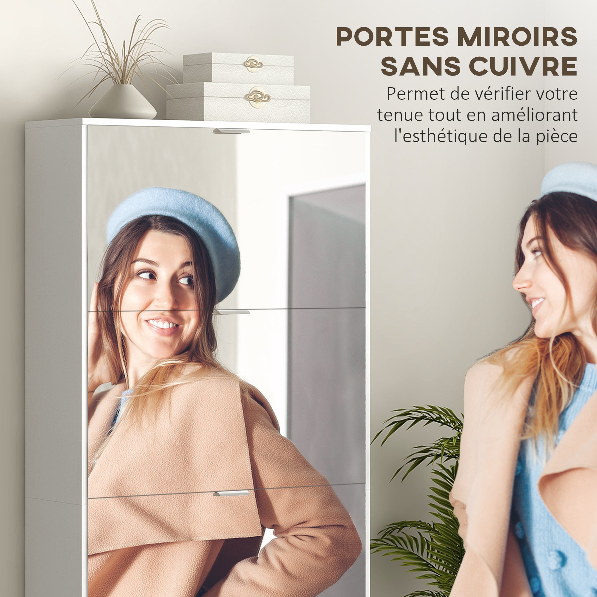 Meuble à chaussures 2 en 1 armoire à chaussures étroite façades miroir, 4 portes abattants, étagères réglables, gain de place, 76l x 26P x 168H cm blanc