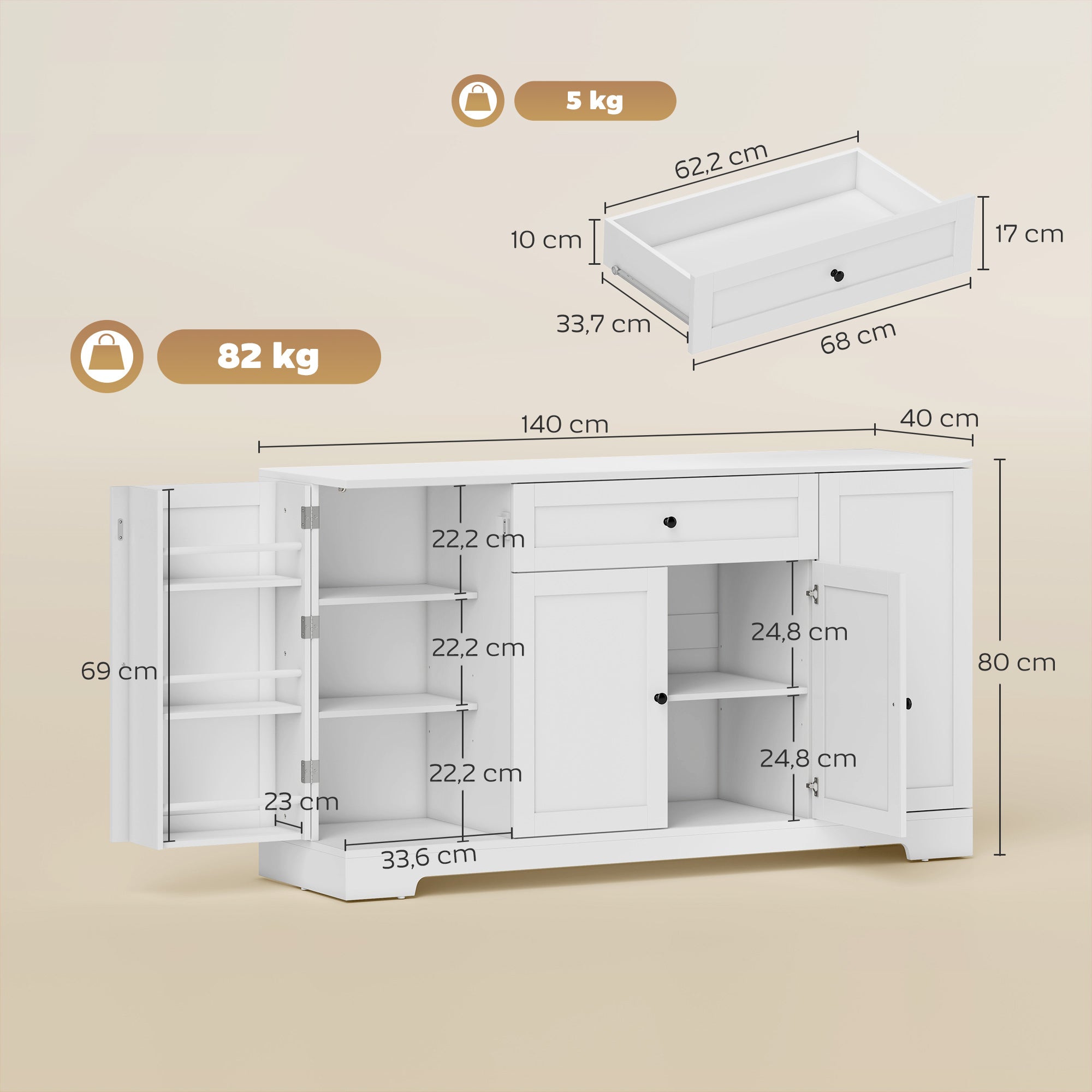 Buffet Cuisine, Meuble de Rangement avec Tiroir, 4 Portes à Fermeture Douce, Racks-Porte et Étagères Réglables, Meuble TV Jusqu'à 65 Pouces, pour Salon et Salle à Manger, 140x40x80cm, Blanc