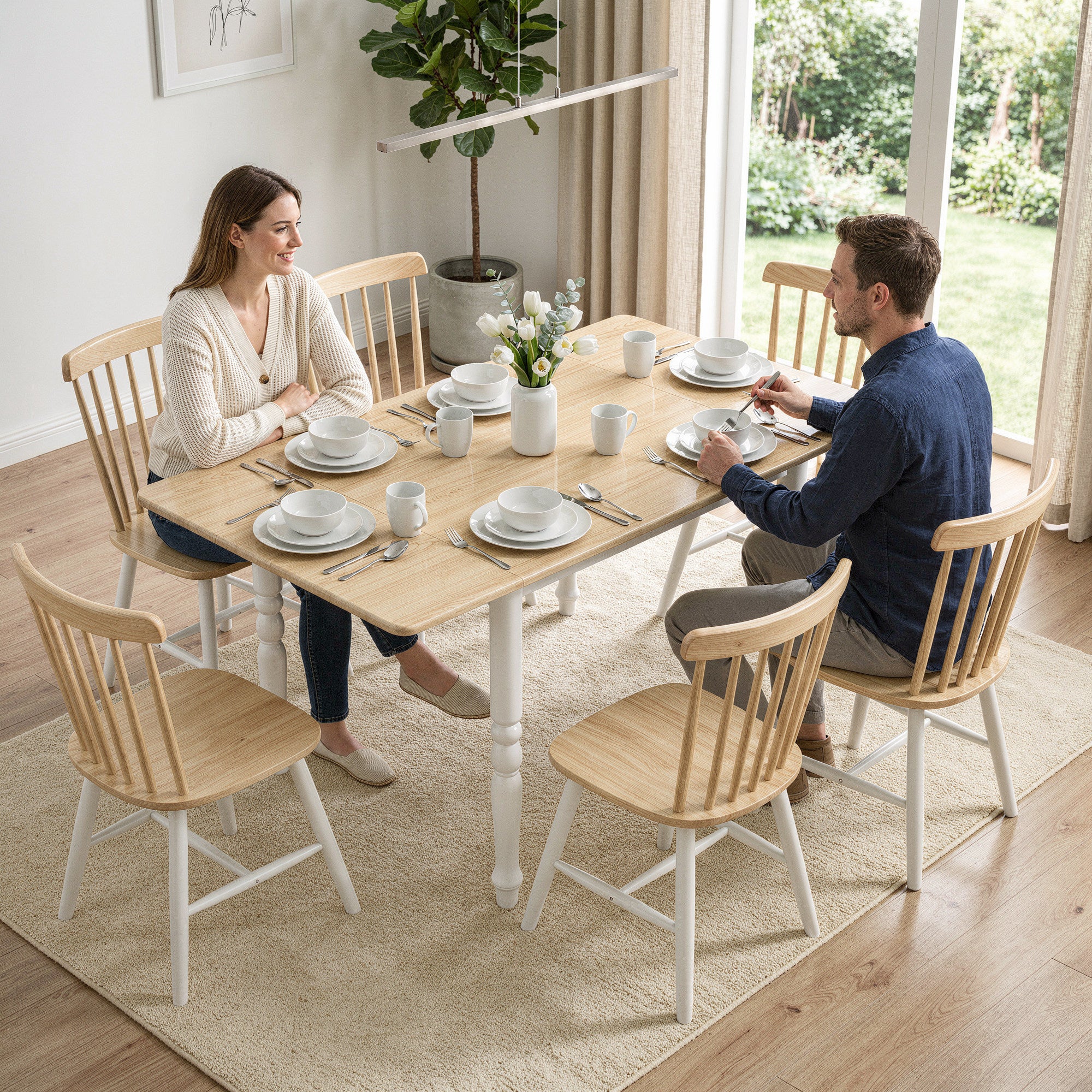 Table à manger pliante pour 4 à 6 personnes 74-134 cm, table de cuisine rectangulaire avec 2 abattants, pieds tournés en acier, pour petits espaces, salle à manger, effet bois naturel