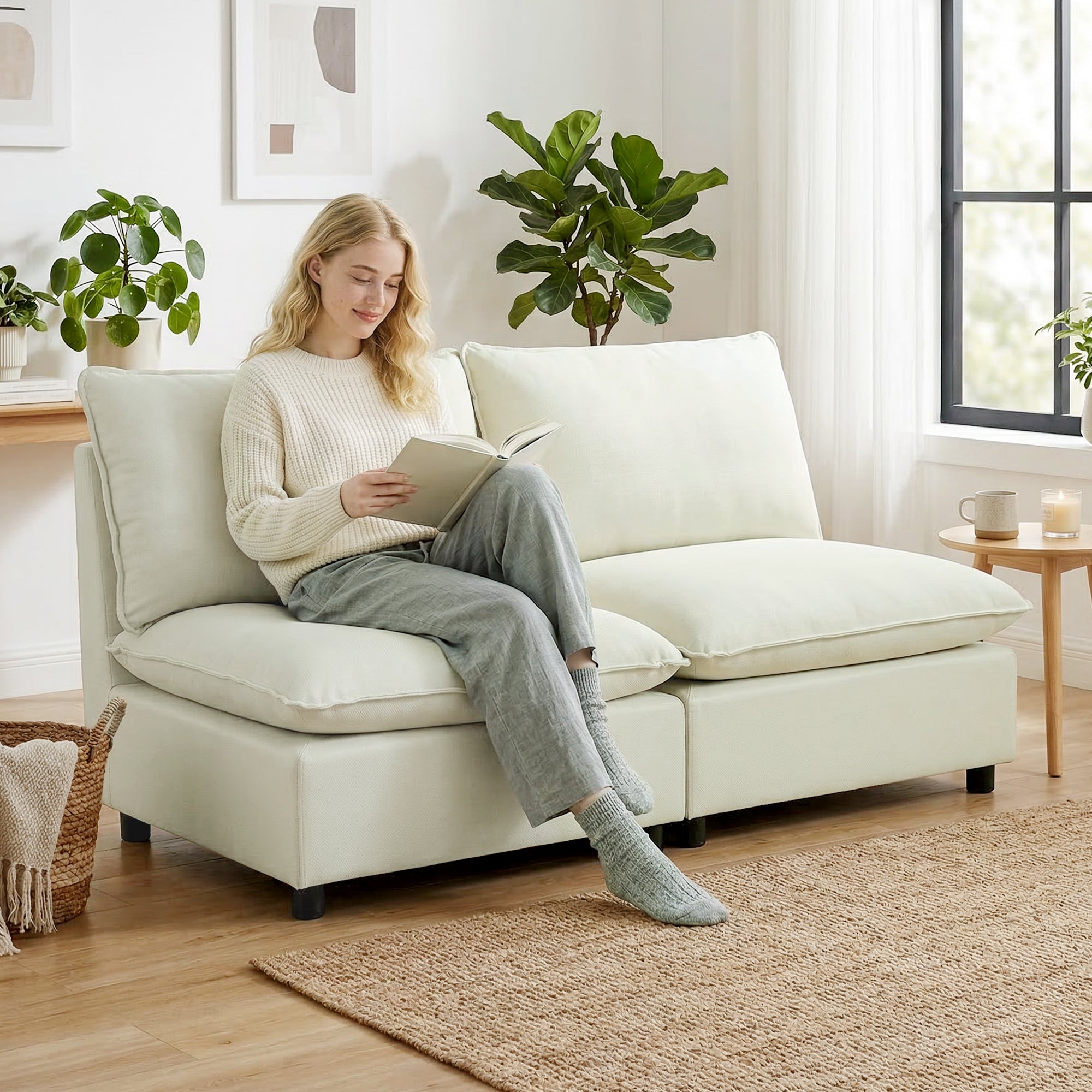 Canapé 2 places modulable, canapé de salon moderne 146 cm sans accoudoirs avec assise large, coussins épais, tissu en lin, pour chambre, appartement, petit espace, crème