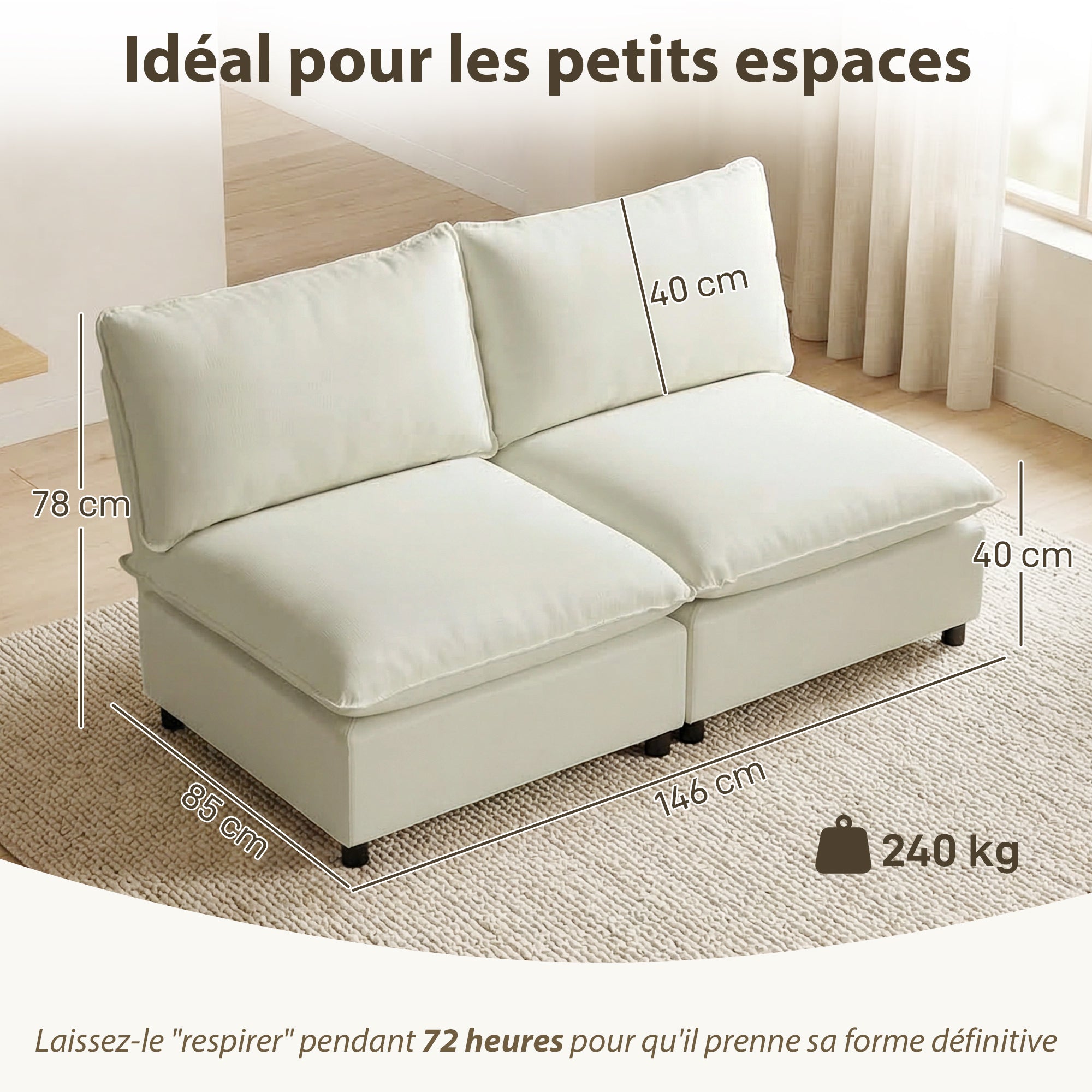 Canapé 2 places modulable, canapé de salon moderne 146 cm sans accoudoirs avec assise large, coussins épais, tissu en lin, pour chambre, appartement, petit espace, crème