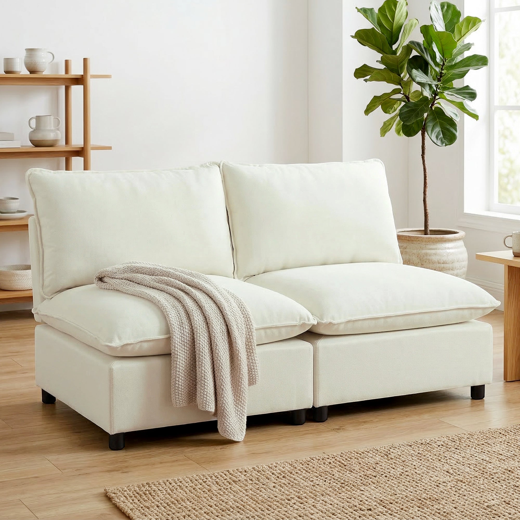 Canapé 2 places modulable, canapé de salon moderne 146 cm sans accoudoirs avec assise large, coussins épais, tissu en lin, pour chambre, appartement, petit espace, crème