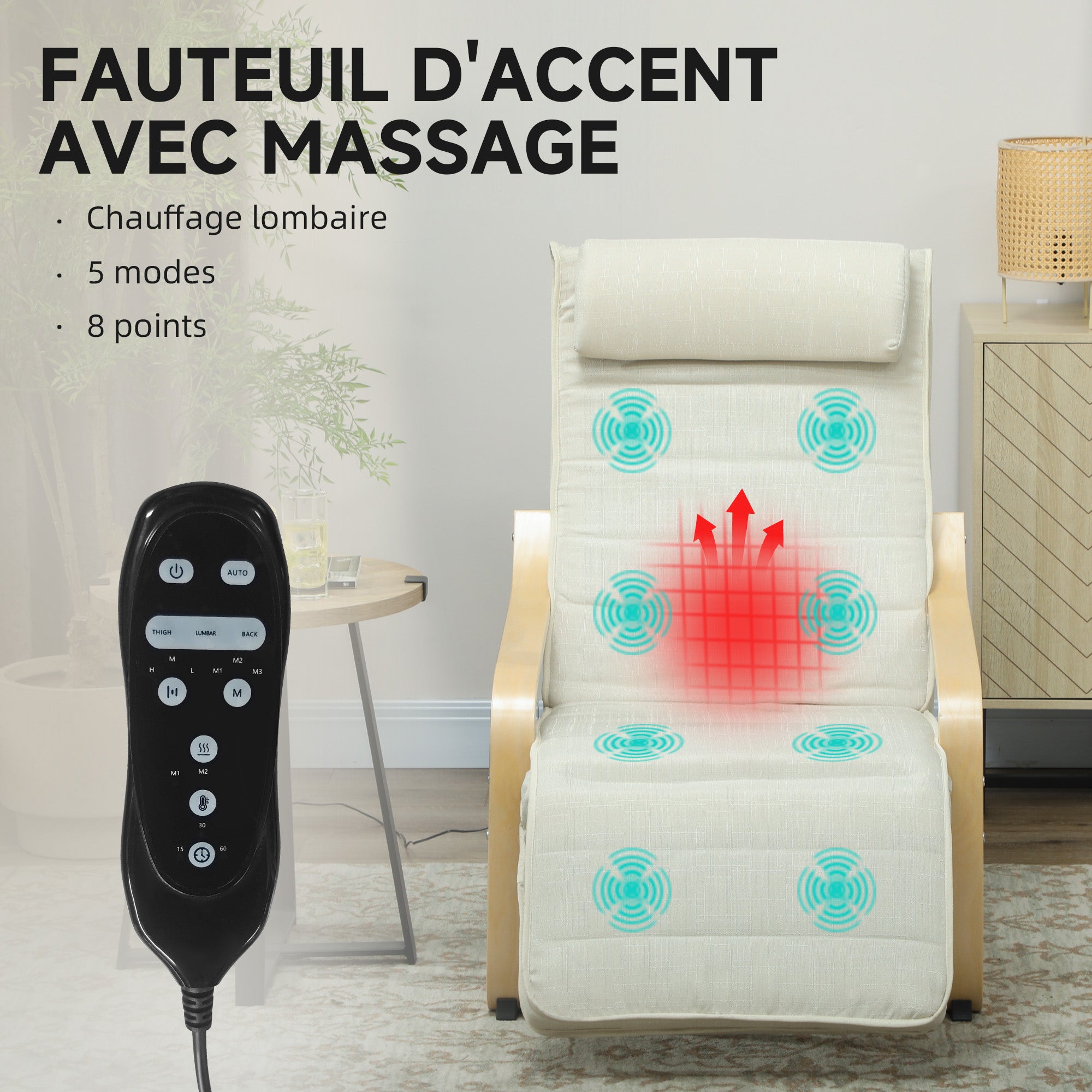 Fauteuil de salon, fauteuil relax massant et chauffant avec dossier haut, appui-tête, repose-pieds réglable, télécommande et poche latérale, tissu aspect lin, pour chambre salon, crème