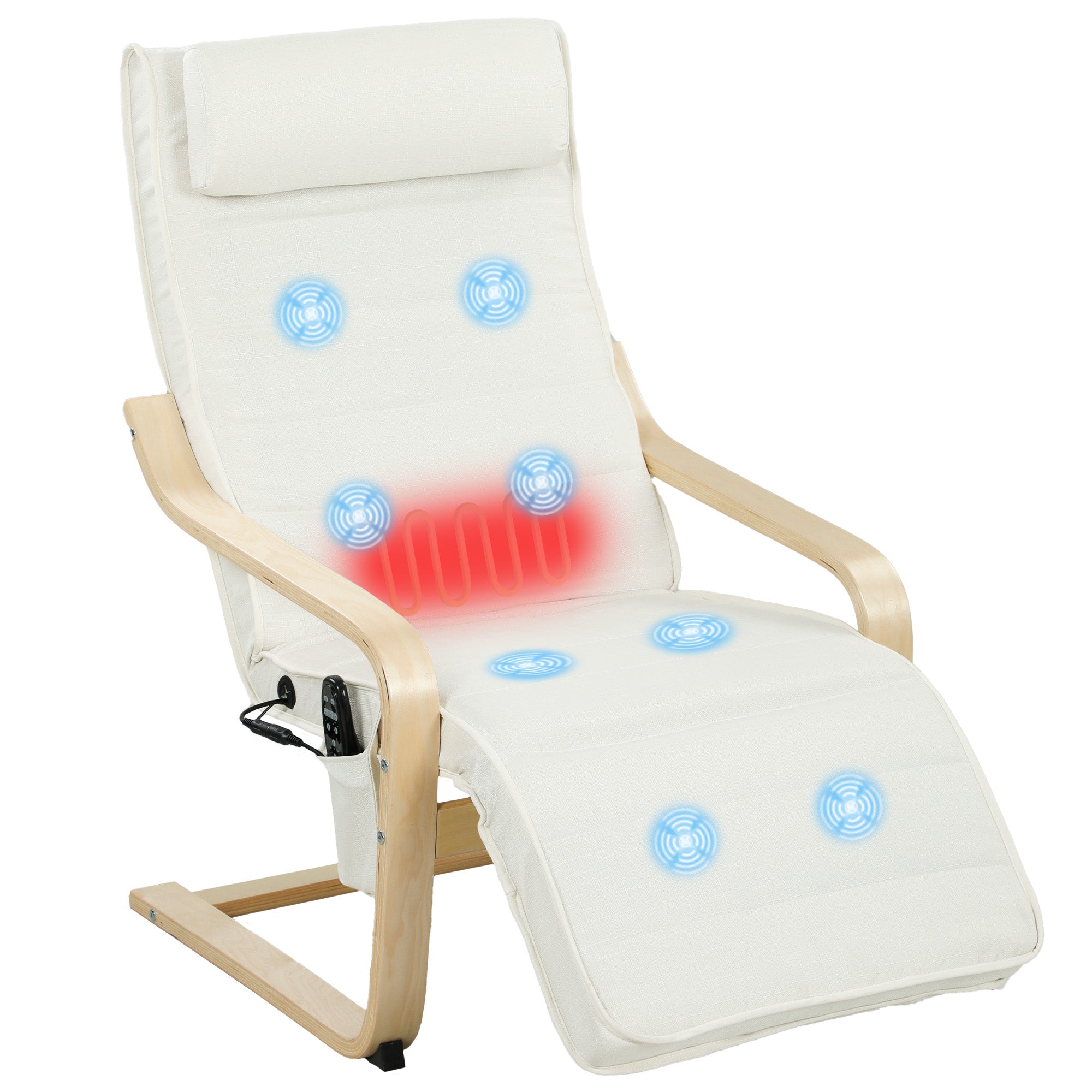 Fauteuil de salon, fauteuil relax massant et chauffant avec dossier haut, appui-tête, repose-pieds réglable, télécommande et poche latérale, tissu aspect lin, pour chambre salon, crème