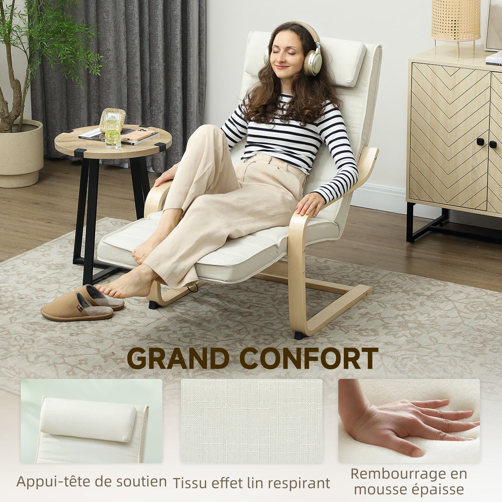 Fauteuil de salon, fauteuil relax massant et chauffant avec dossier haut, appui-tête, repose-pieds réglable, télécommande et poche latérale, tissu aspect lin, pour chambre salon, crème