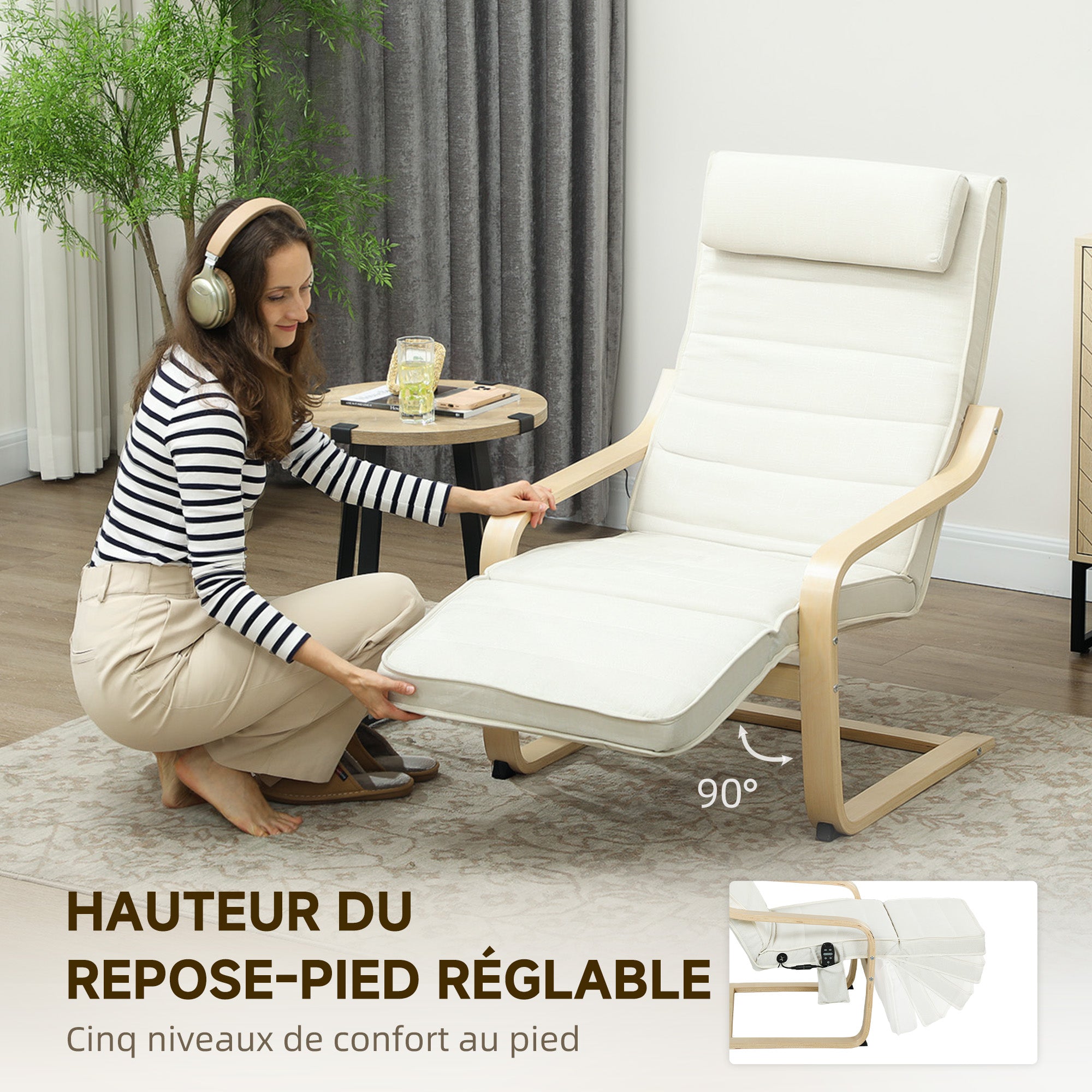 Fauteuil de salon, fauteuil relax massant et chauffant avec dossier haut, appui-tête, repose-pieds réglable, télécommande et poche latérale, tissu aspect lin, pour chambre salon, crème