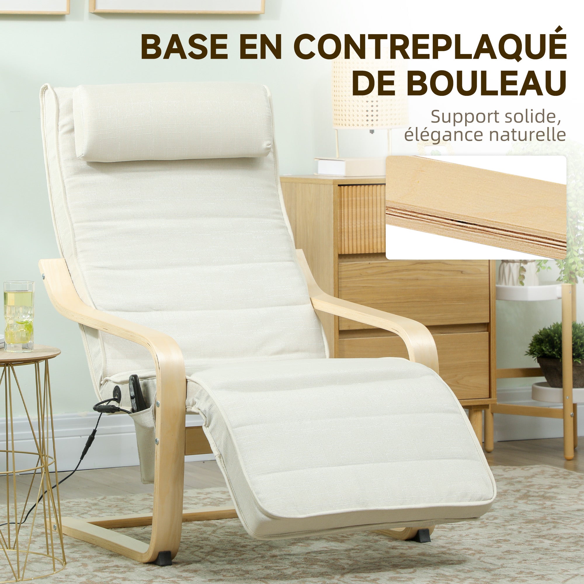 Fauteuil de salon, fauteuil relax massant et chauffant avec dossier haut, appui-tête, repose-pieds réglable, télécommande et poche latérale, tissu aspect lin, pour chambre salon, crème