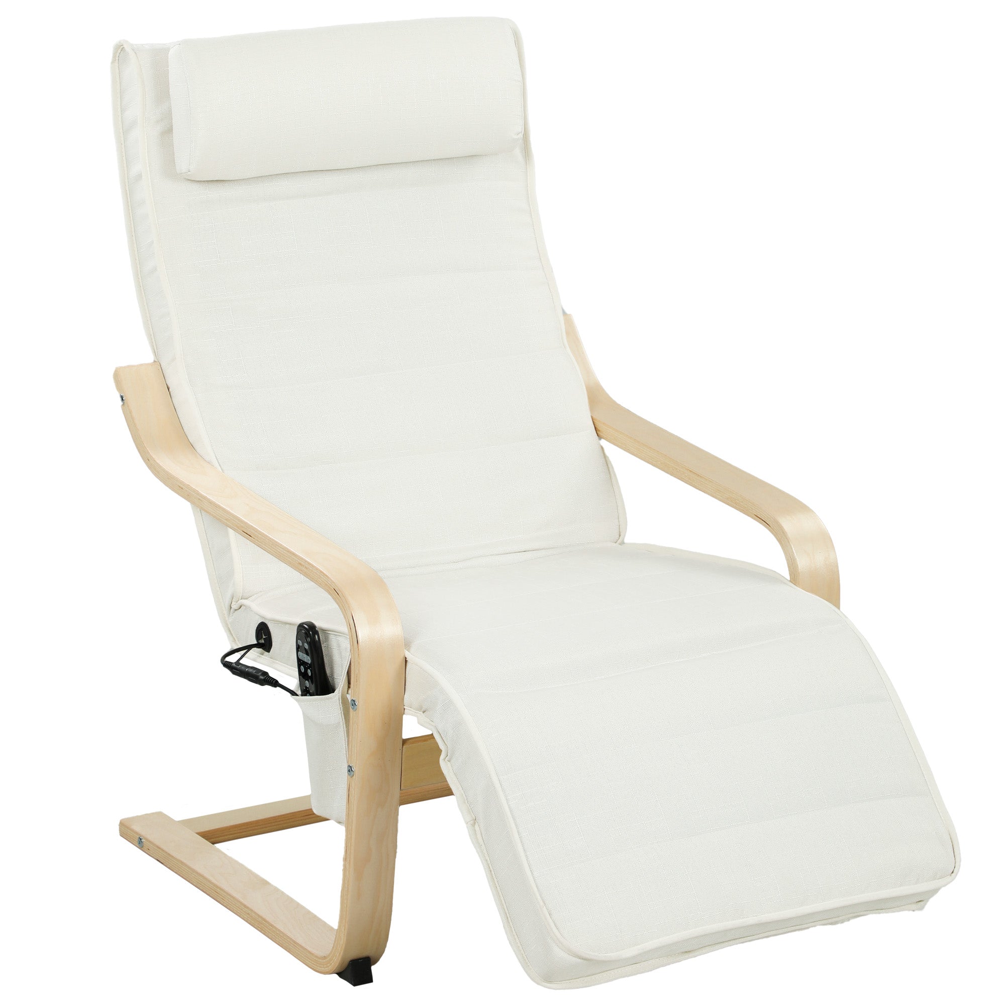 Fauteuil de salon, fauteuil relax massant et chauffant avec dossier haut, appui-tête, repose-pieds réglable, télécommande et poche latérale, tissu aspect lin, pour chambre salon, crème
