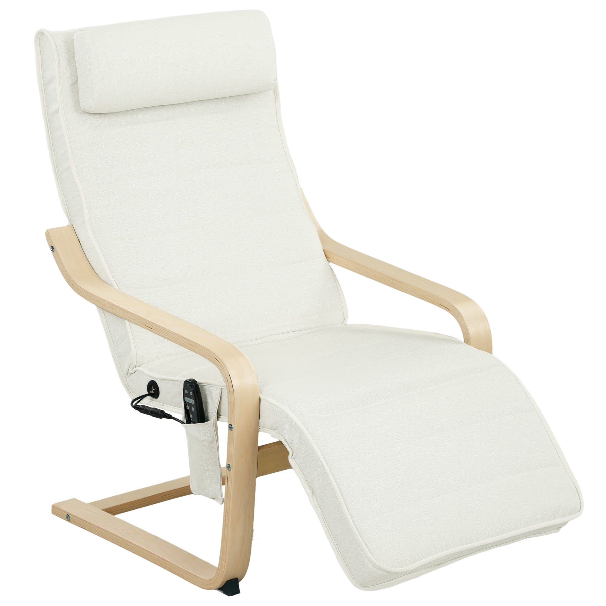 Fauteuil de salon, fauteuil relax massant et chauffant avec dossier haut, appui-tête, repose-pieds réglable, télécommande et poche latérale, tissu aspect lin, pour chambre salon, crème