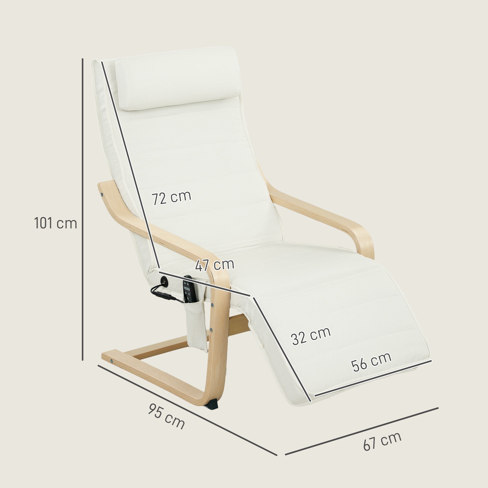 Fauteuil de salon, fauteuil relax massant et chauffant avec dossier haut, appui-tête, repose-pieds réglable, télécommande et poche latérale, tissu aspect lin, pour chambre salon, crème