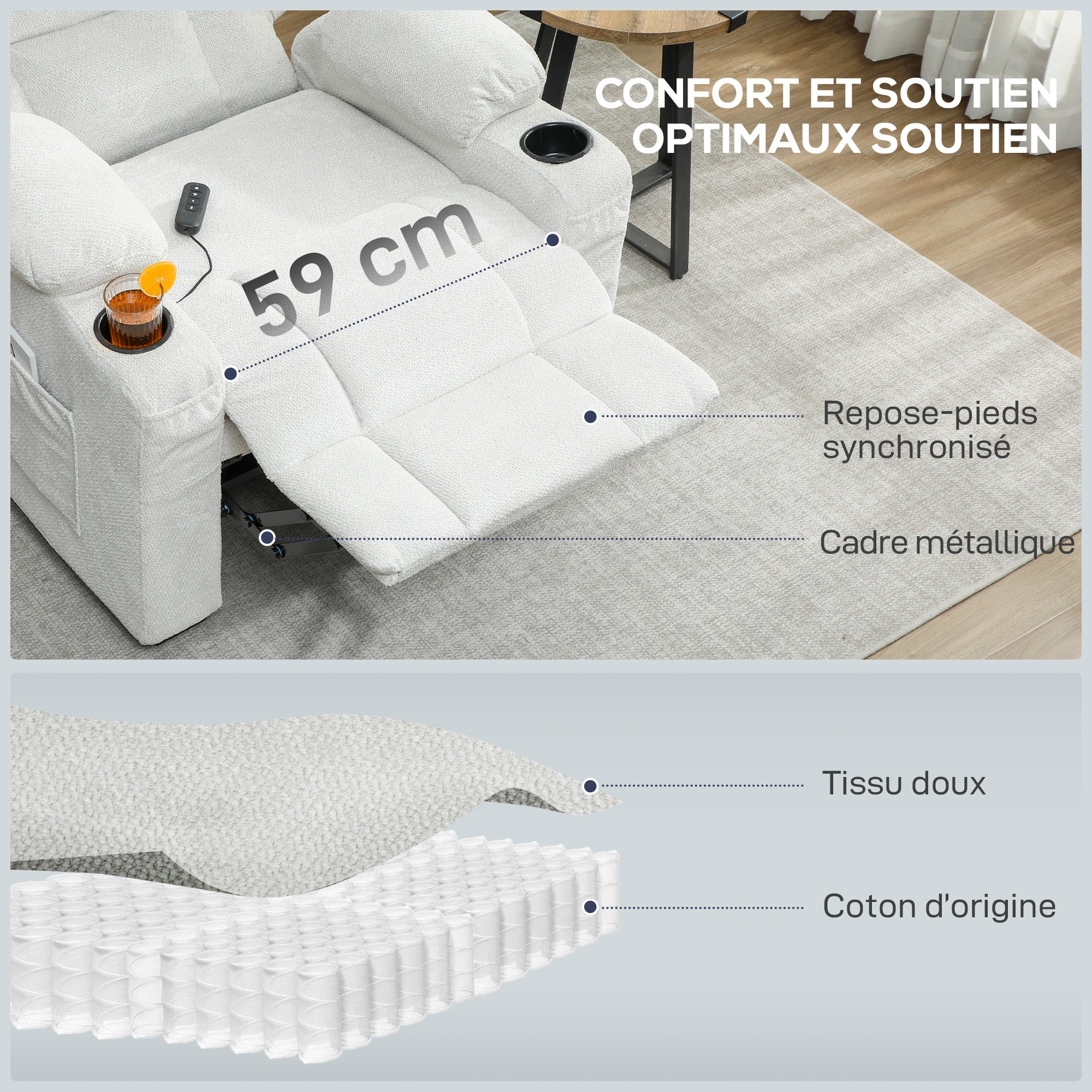 Fauteuil relax électrique, fauteuil inclinable en velours, port USB, assise large, repose-pieds, porte-gobelets, poches latérales, télécommande, moteur silencieux, 2 positions mémoire, crème