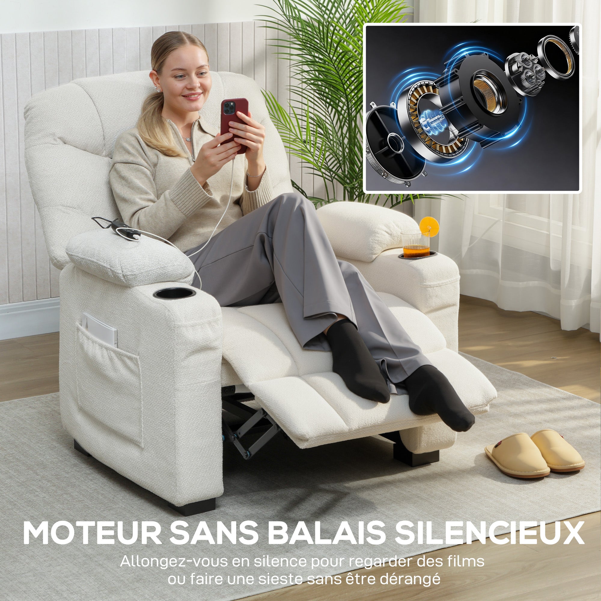 Fauteuil relax électrique, fauteuil inclinable en velours, port USB, assise large, repose-pieds, porte-gobelets, poches latérales, télécommande, moteur silencieux, 2 positions mémoire, crème