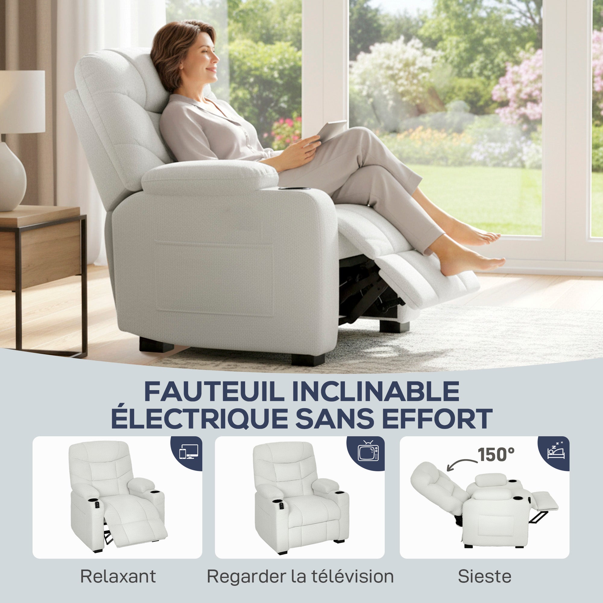 Fauteuil relax électrique, fauteuil inclinable en velours, port USB, assise large, repose-pieds, porte-gobelets, poches latérales, télécommande, moteur silencieux, 2 positions mémoire, crème