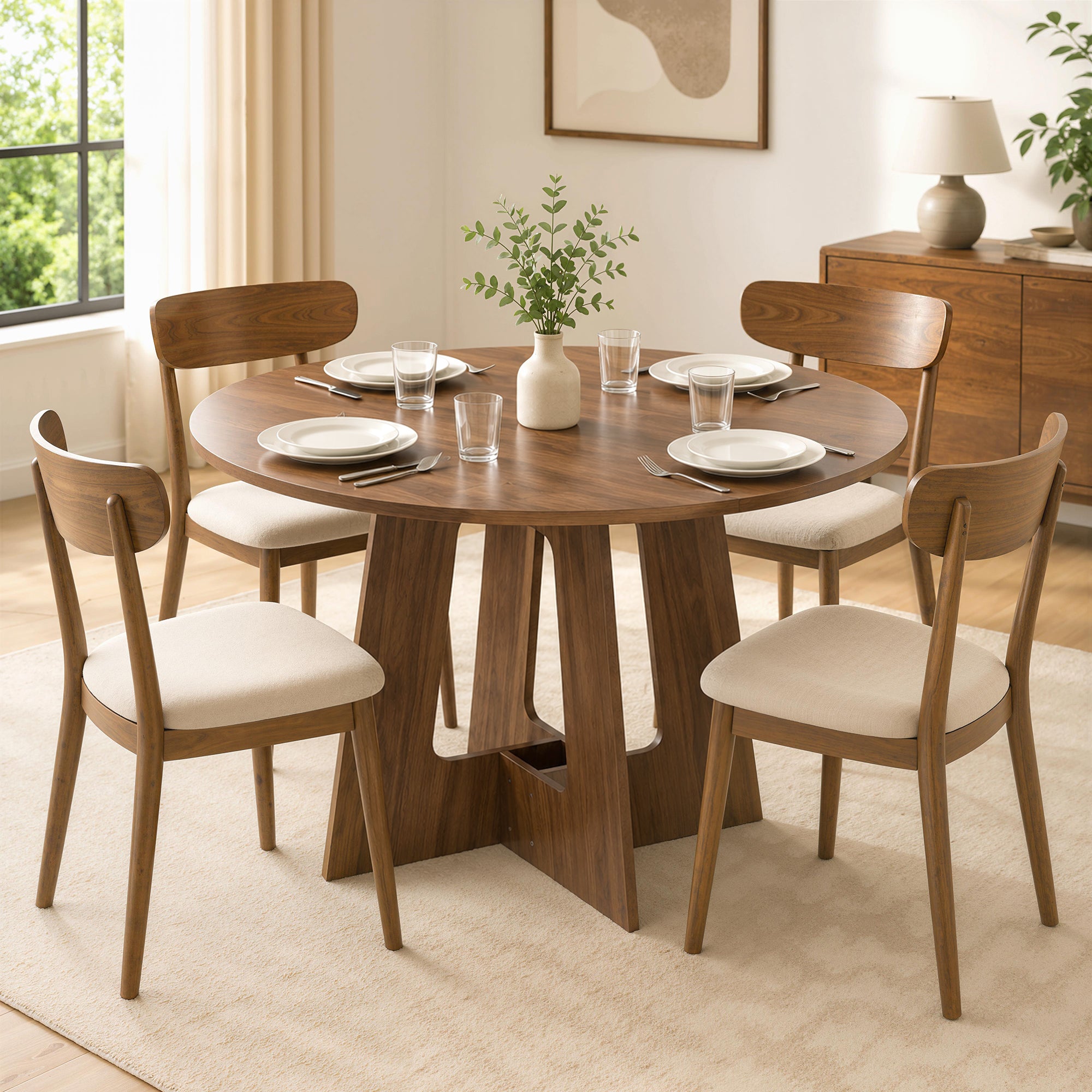 Table à manger ronde pour 4 personnes, Ø 110 x 73,5 cm, table de cuisine avec base croisée, style rustique, pour salon, salle à manger, marron