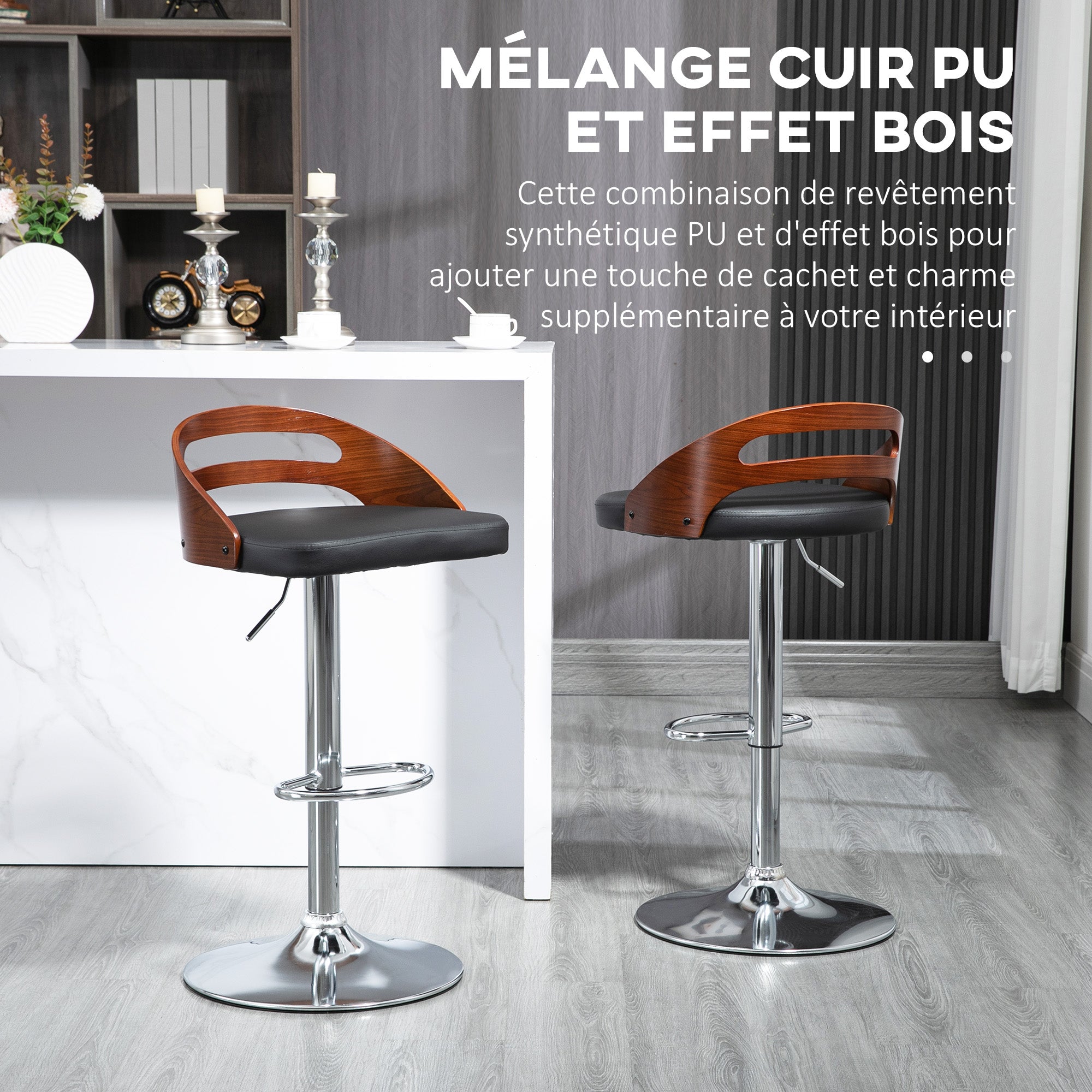 Lot de 2 tabourets de Bar Design Contemporain Hauteur d'assise réglable pivotant 360° revêtement synthétique Noir Dossier ajouré Aspect Bois