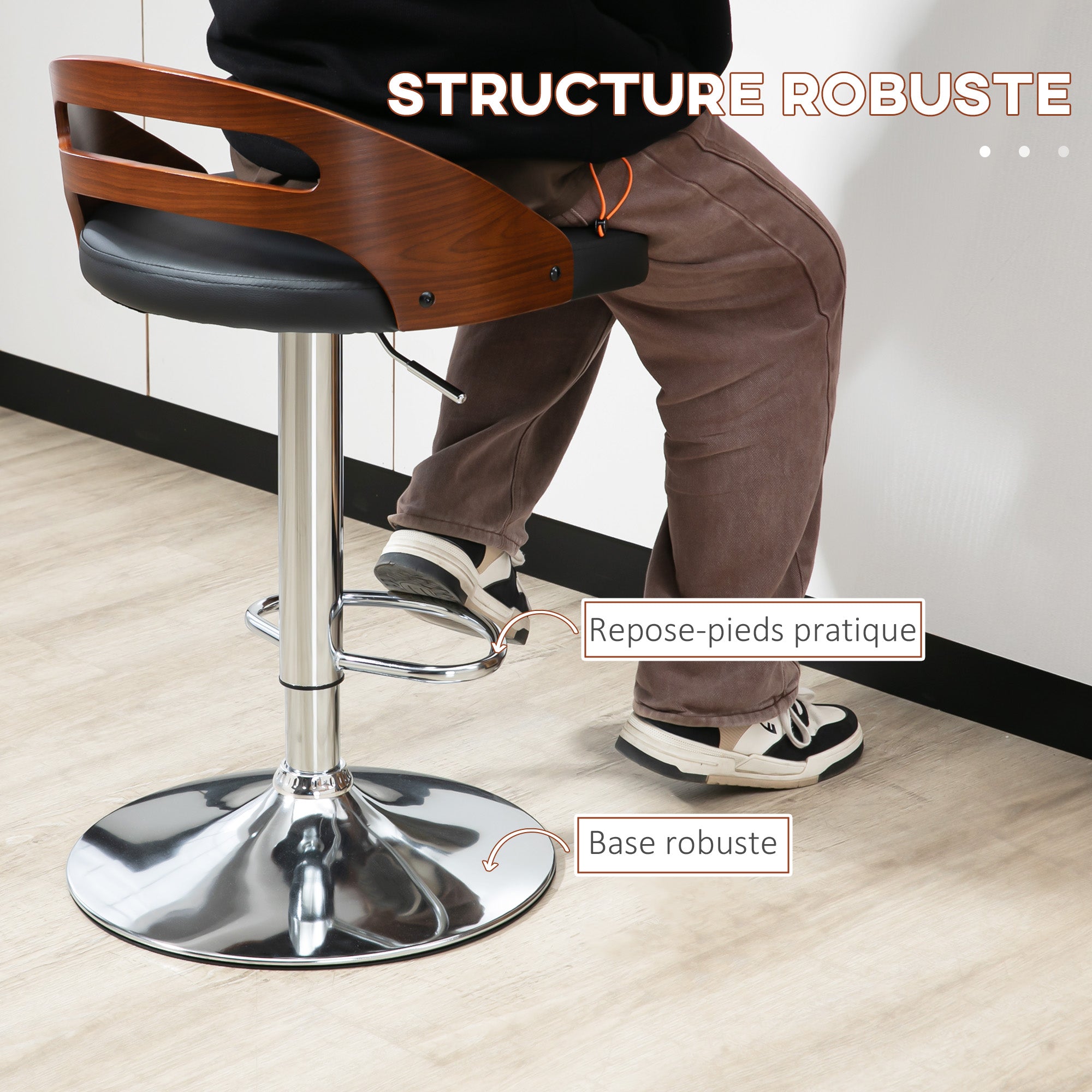 Lot de 2 tabourets de Bar Design Contemporain Hauteur d'assise réglable pivotant 360° revêtement synthétique Noir Dossier ajouré Aspect Bois
