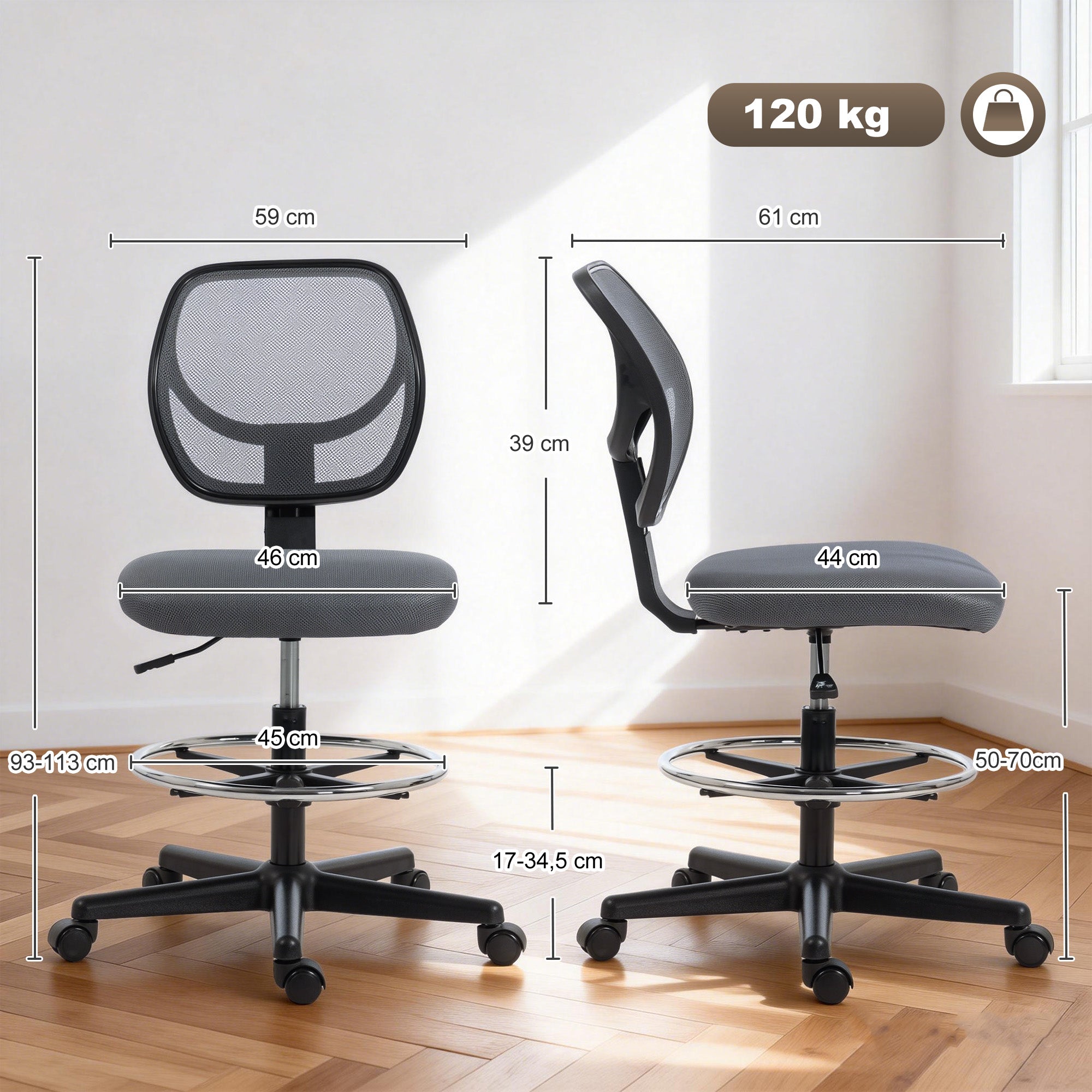 Vinsett Chaise bureau ergonomique, fauteuil de bureau avec repose-pieds, chaise à dessin en maille, hauteur réglable, dossier incurvé, pivotant 360°, pour studio travail à domicile, gris foncé