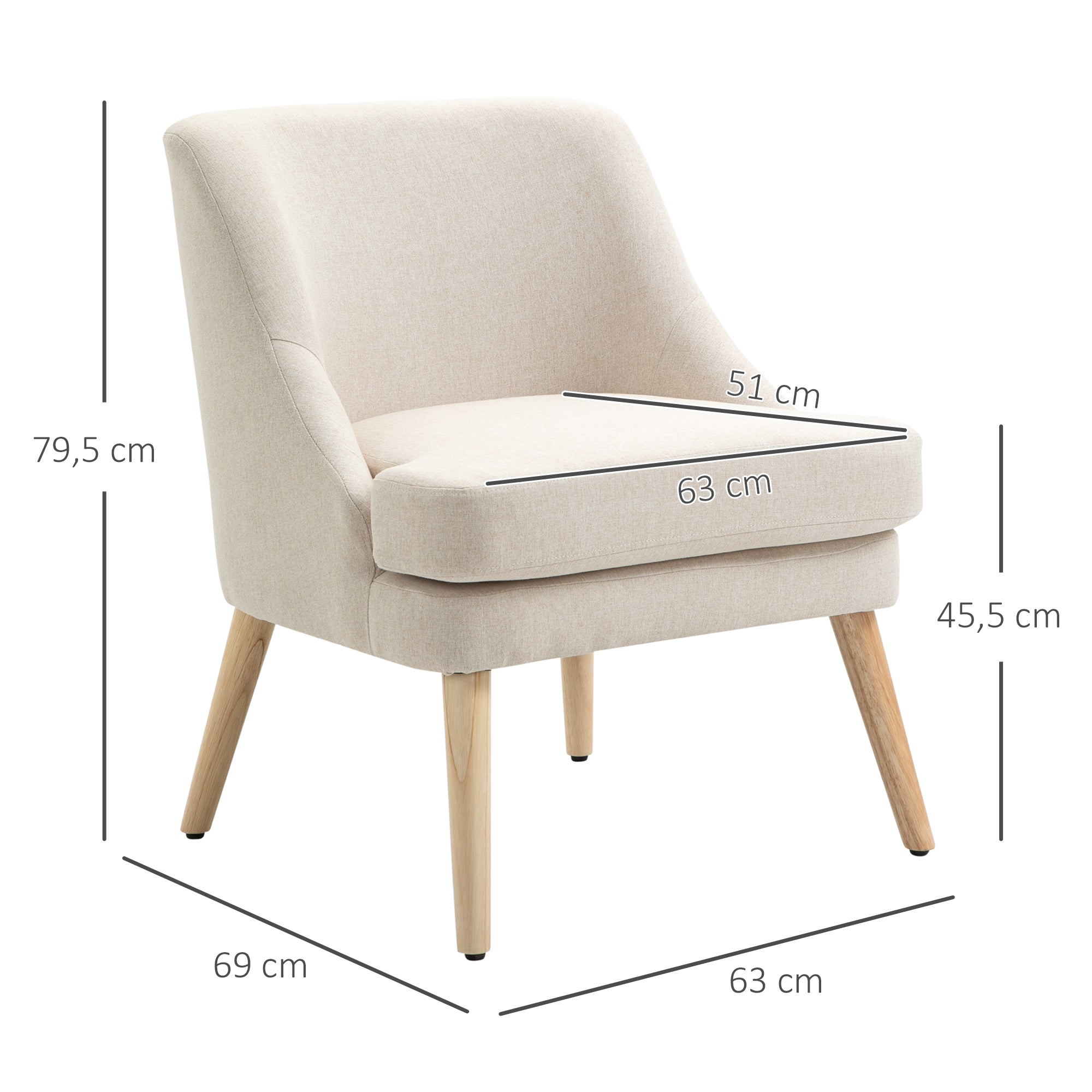 Fauteuil Scandinave Fauteuil salon confortable Fauteuil pour chambre Pieds en Bois Massif revêtement Tissu Lin beige