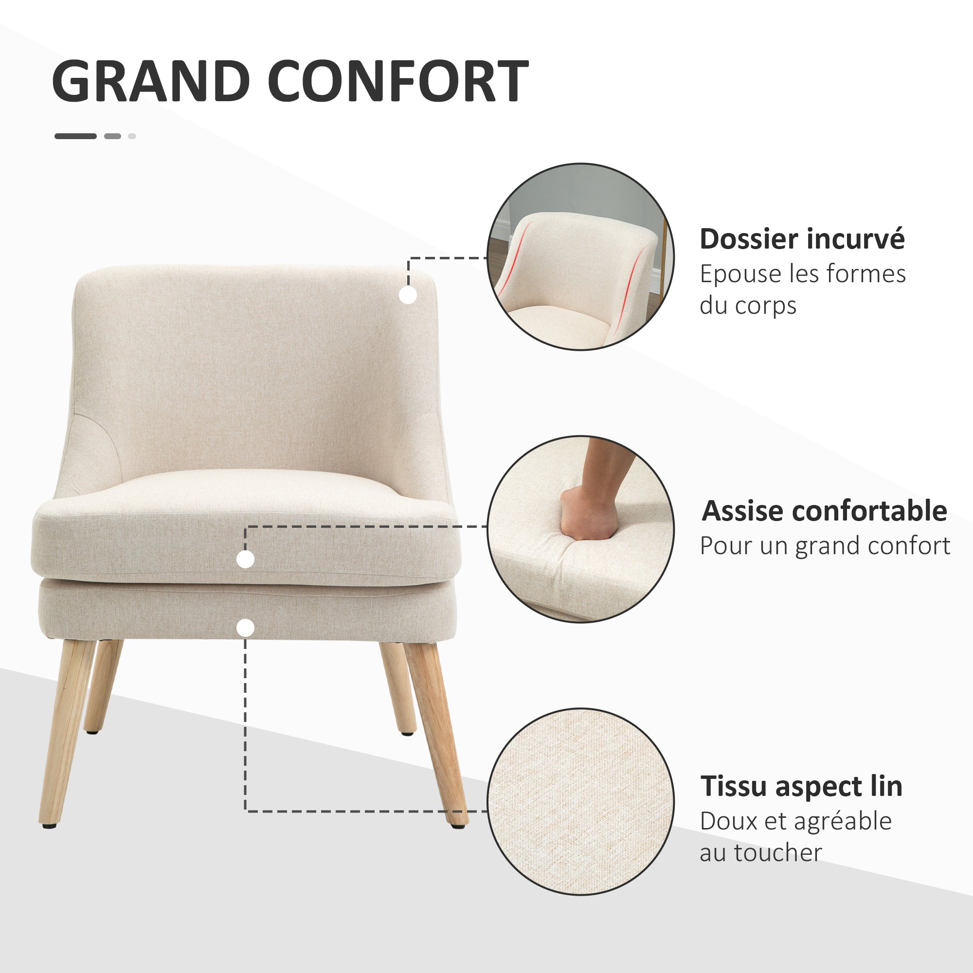 Fauteuil Scandinave Fauteuil salon confortable Fauteuil pour chambre Pieds en Bois Massif revêtement Tissu Lin beige