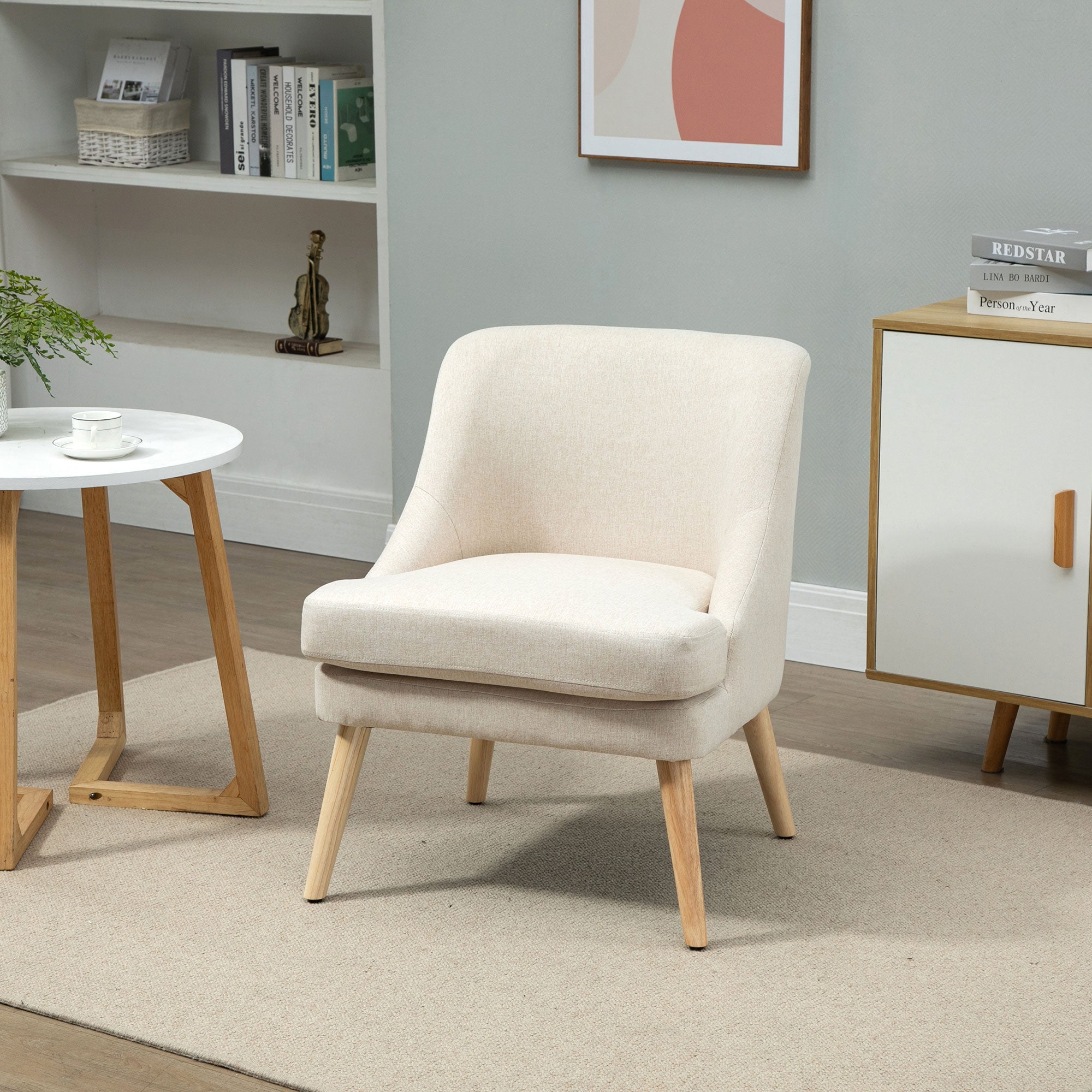 Fauteuil Scandinave Fauteuil salon confortable Fauteuil pour chambre Pieds en Bois Massif revêtement Tissu Lin beige