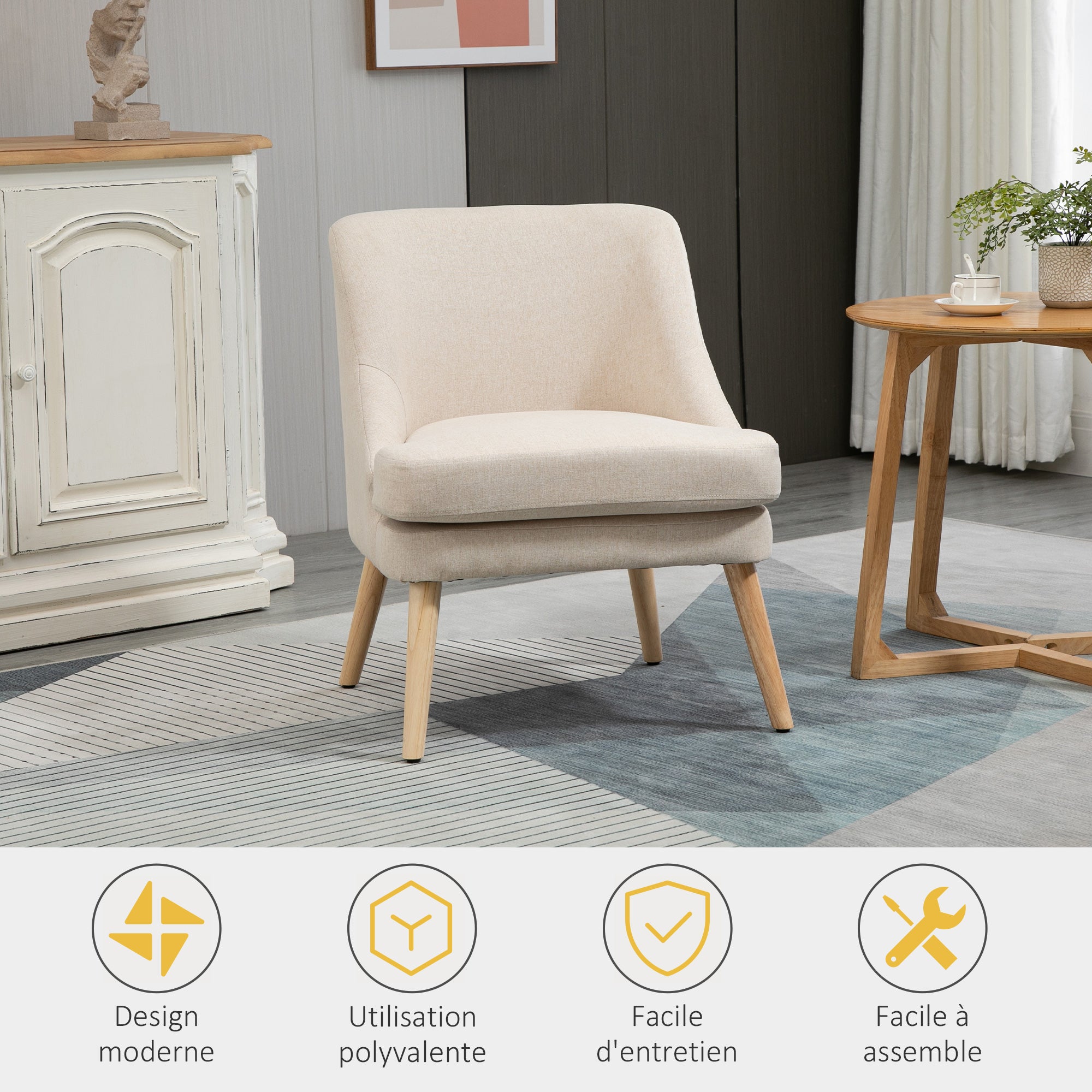 Fauteuil Scandinave Fauteuil salon confortable Fauteuil pour chambre Pieds en Bois Massif revêtement Tissu Lin beige