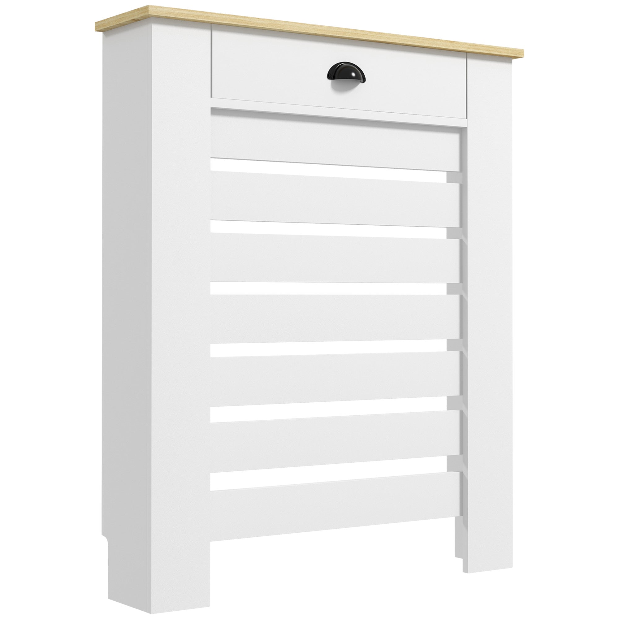 Couvercle de radiateur, cache radiateur, grille à lattes horizontales, avec tiroir, pour salon, chambre à coucher, couloir, en bois, 78 x 19 x 95,5 cm, blanc