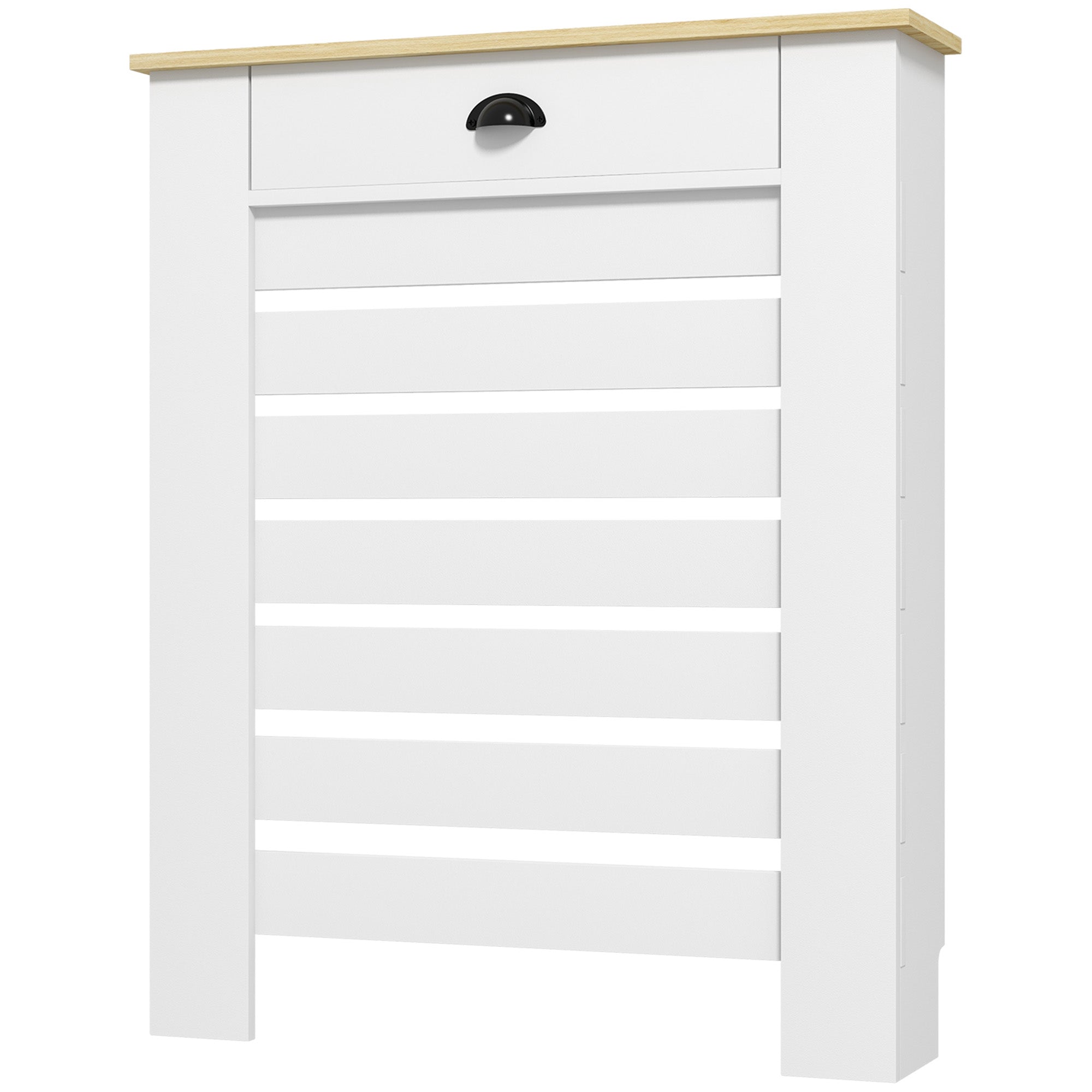 Couvercle de radiateur, cache radiateur, grille à lattes horizontales, avec tiroir, pour salon, chambre à coucher, couloir, en bois, 78 x 19 x 95,5 cm, blanc