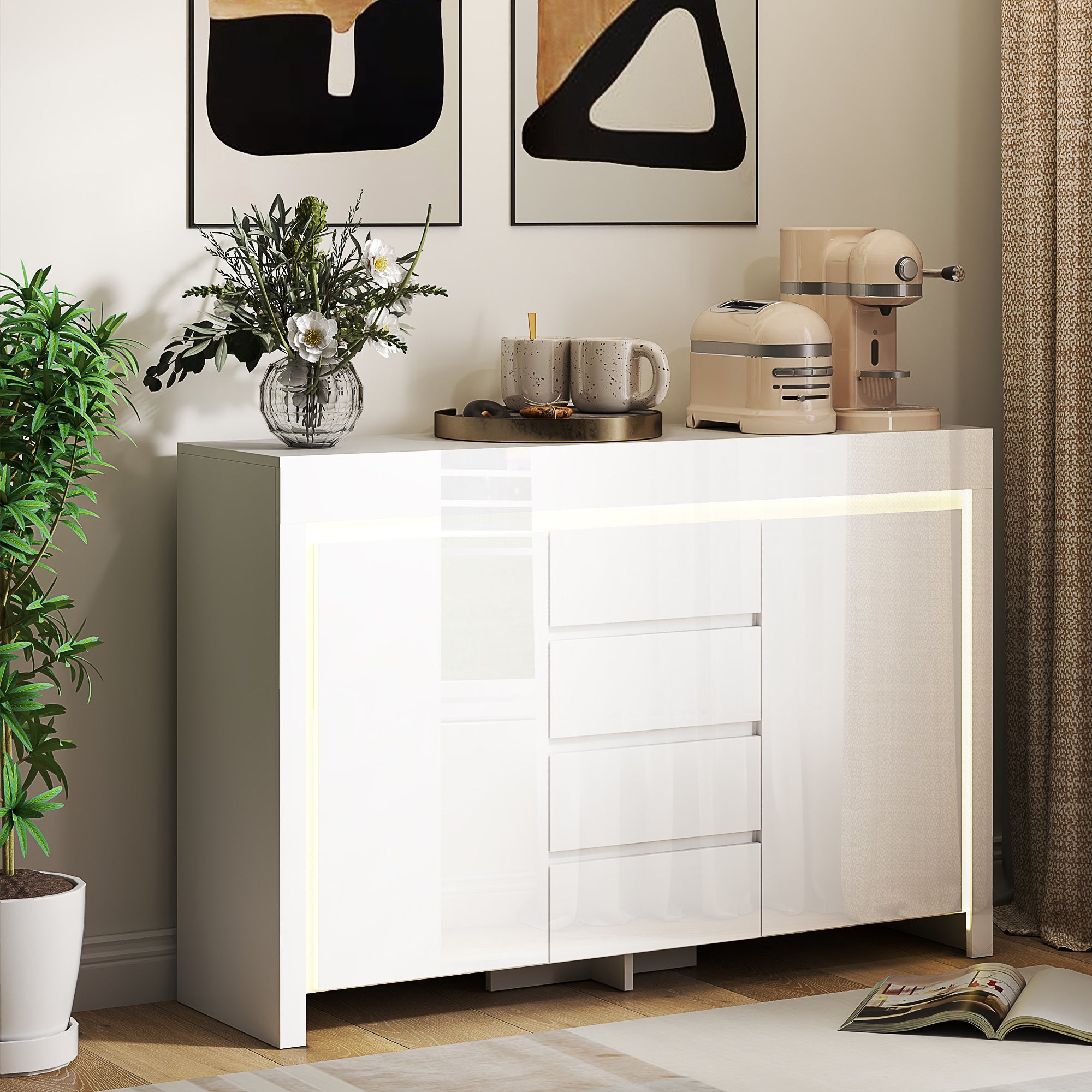 Buffet salon, meuble de rangement avec éclairage LED 4 tiroirs portes à fermeture douce et étagères réglables, style moderne, buffet salle à manger et cuisine, 120 x 34 x 80 cm, blanc brillant