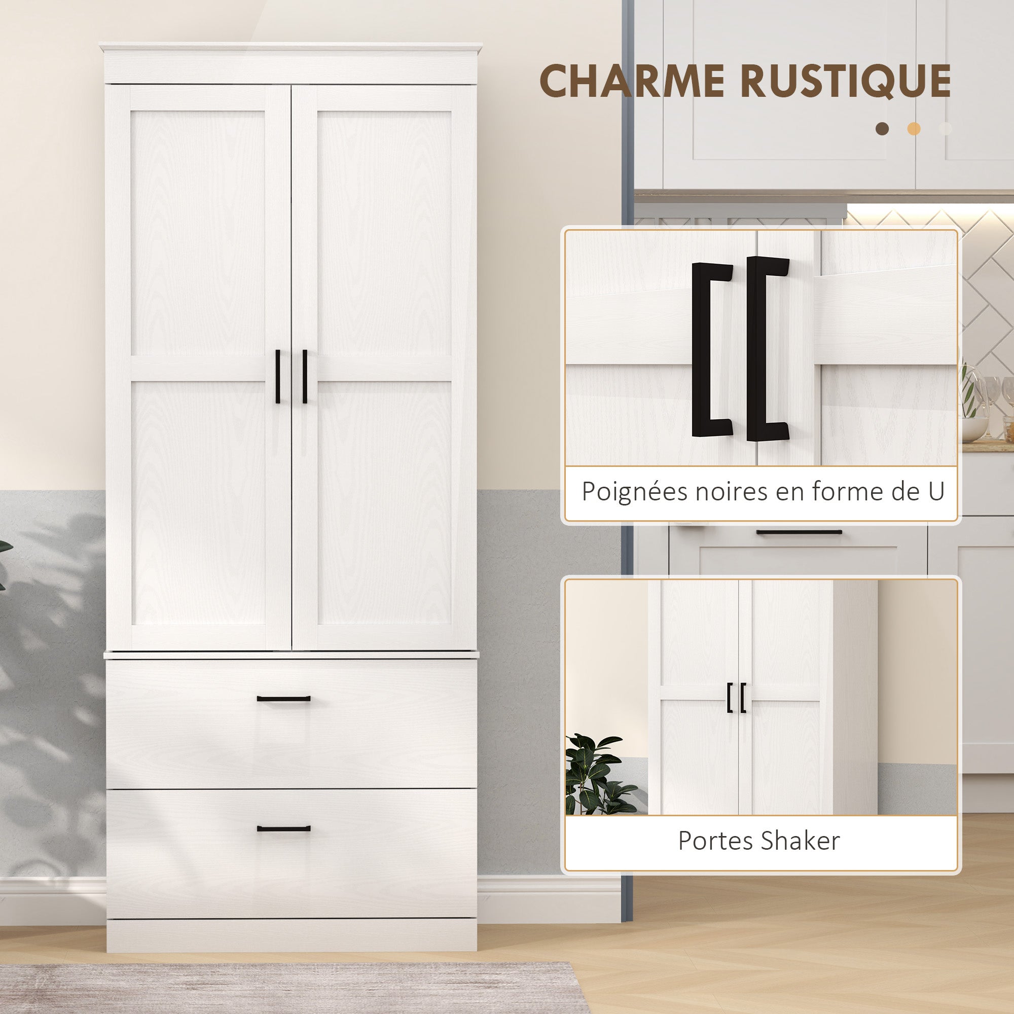 Armoire de cuisine buffet cuisine vaisselier meuble de rangement style moderne avec placard, 2 tiroirs et étagères réglables, 75 x 39 x 178 cm, gris