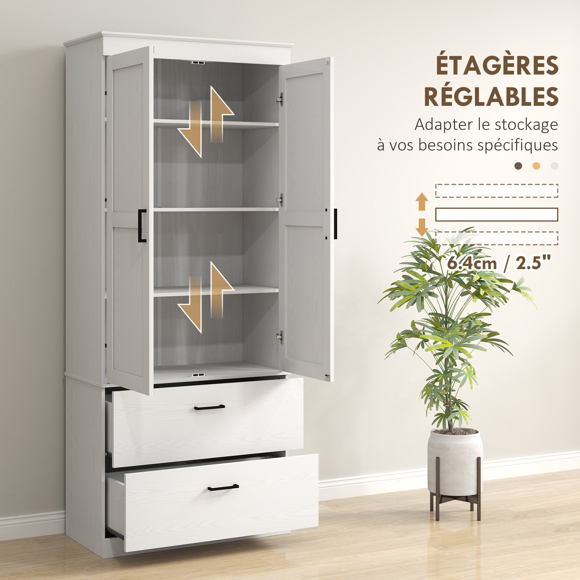 Armoire de cuisine buffet cuisine vaisselier meuble de rangement style moderne avec placard, 2 tiroirs et étagères réglables, 75 x 39 x 178 cm, gris
