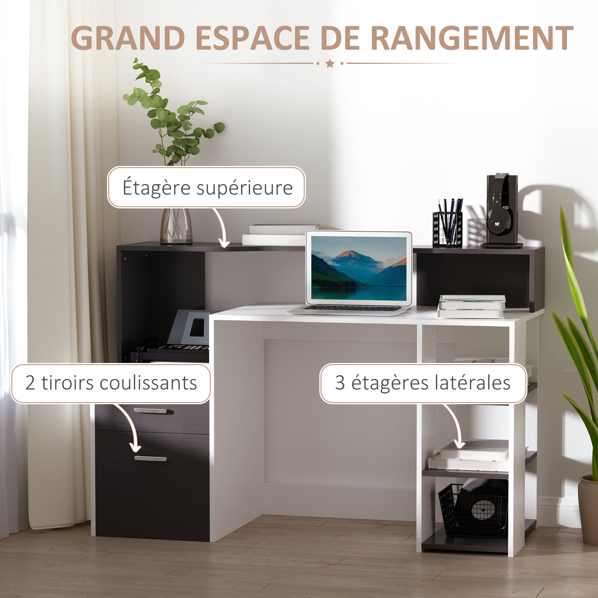 Bureau informatique Bureau avec rangement multimédia design multi-rangements 137 L x 55 l x 92 H cm noir et blanc