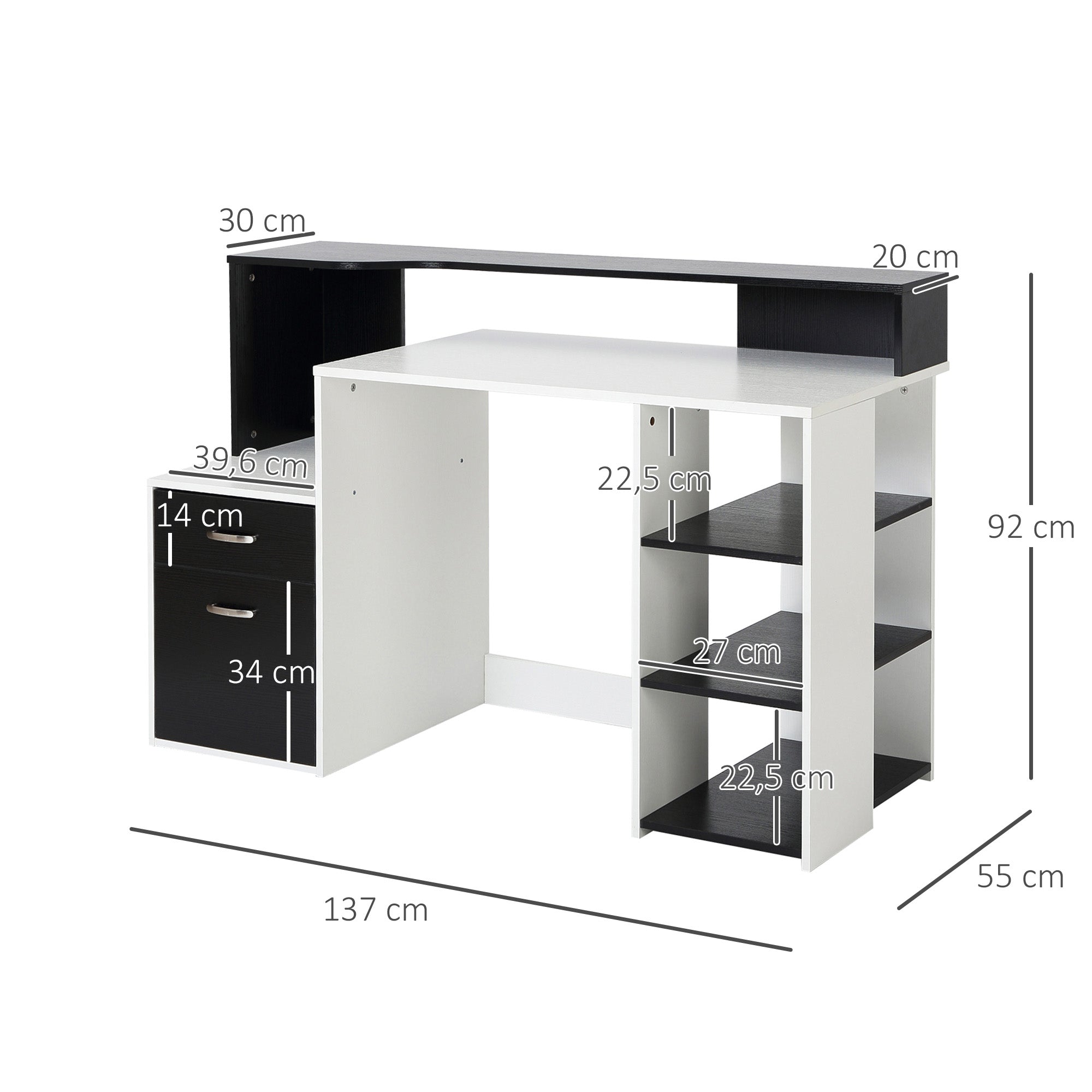 Bureau informatique Bureau avec rangement multimédia design multi-rangements 137 L x 55 l x 92 H cm noir et blanc