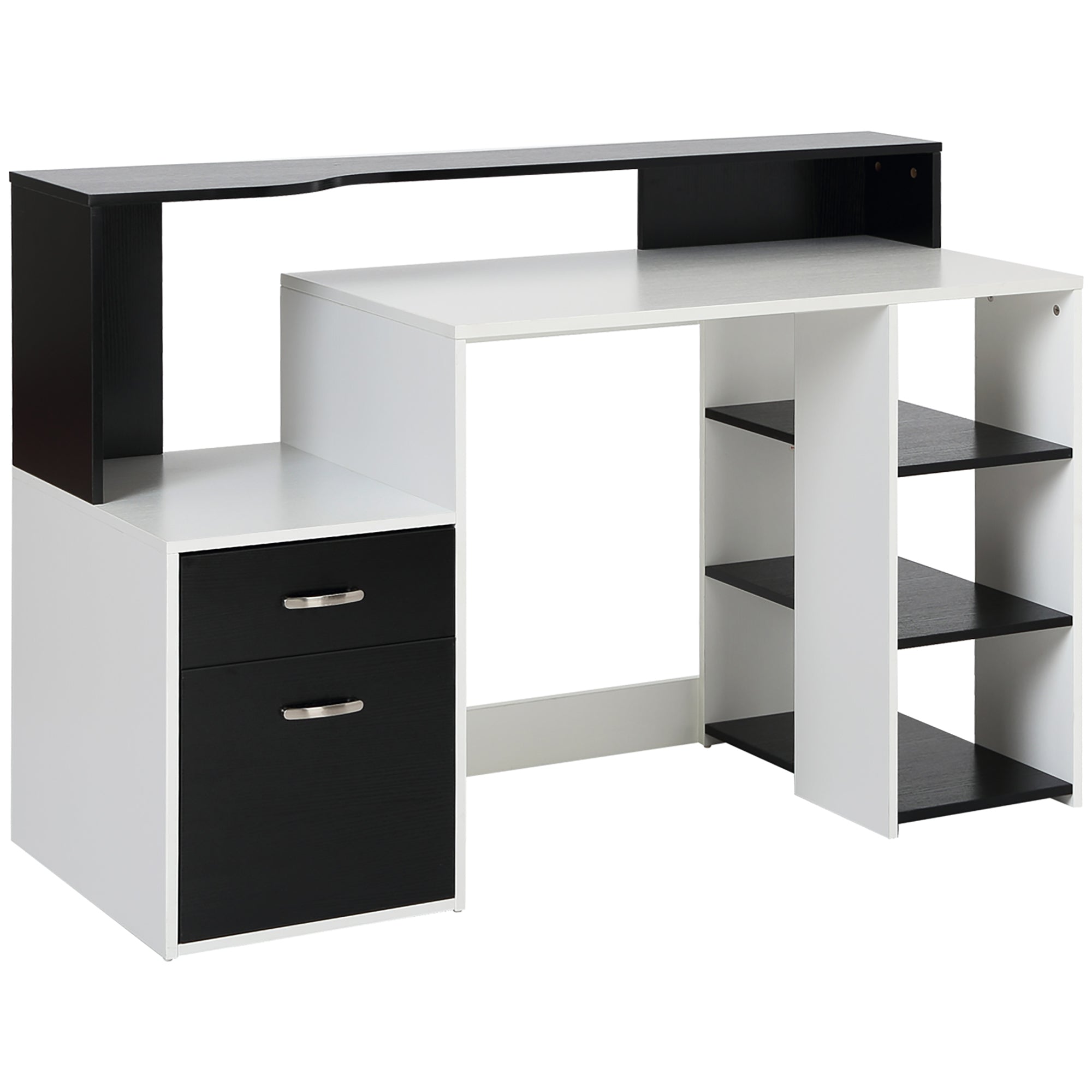 Bureau informatique Bureau avec rangement multimédia design multi-rangements 137 L x 55 l x 92 H cm noir et blanc