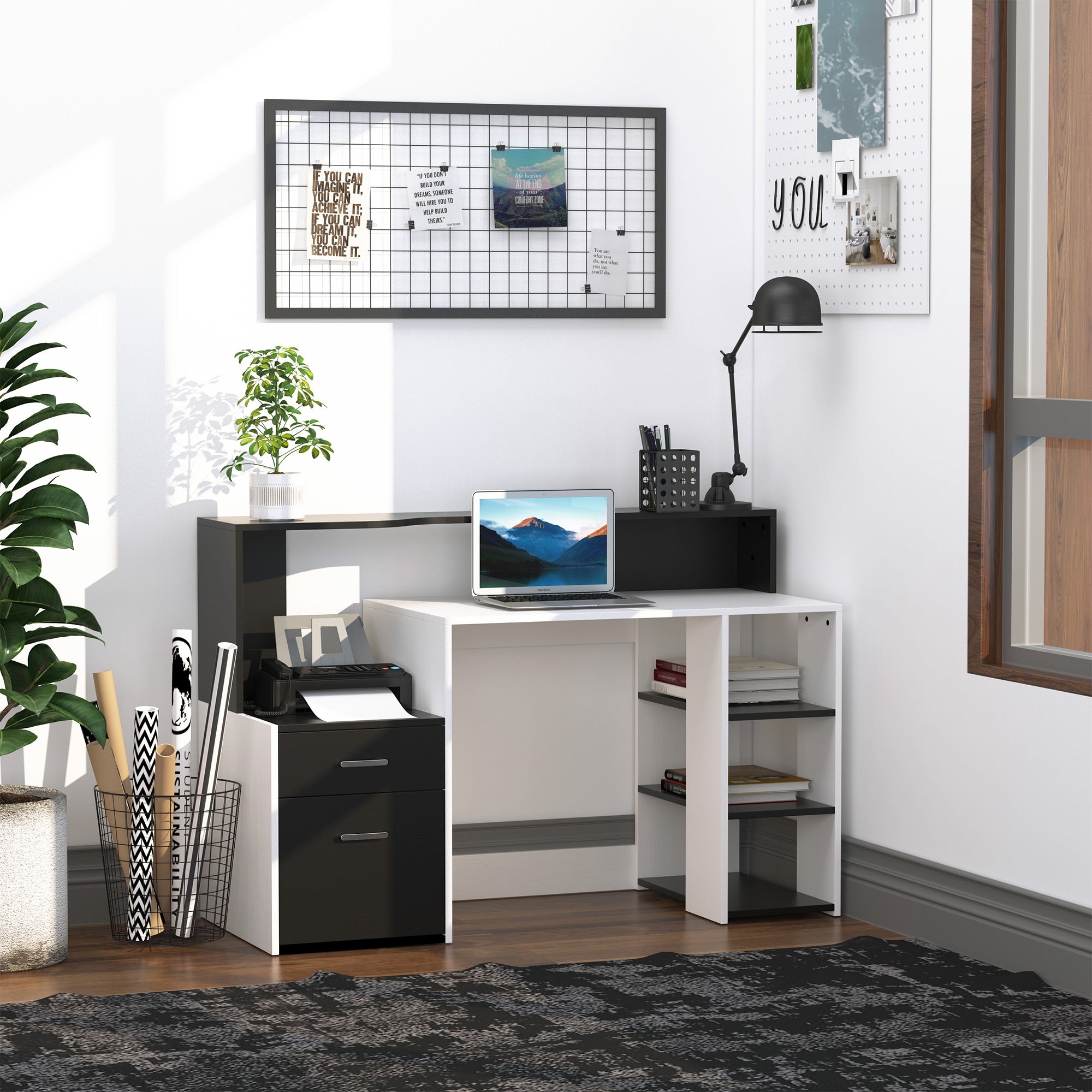 Bureau informatique Bureau avec rangement multimédia design multi-rangements 137 L x 55 l x 92 H cm noir et blanc