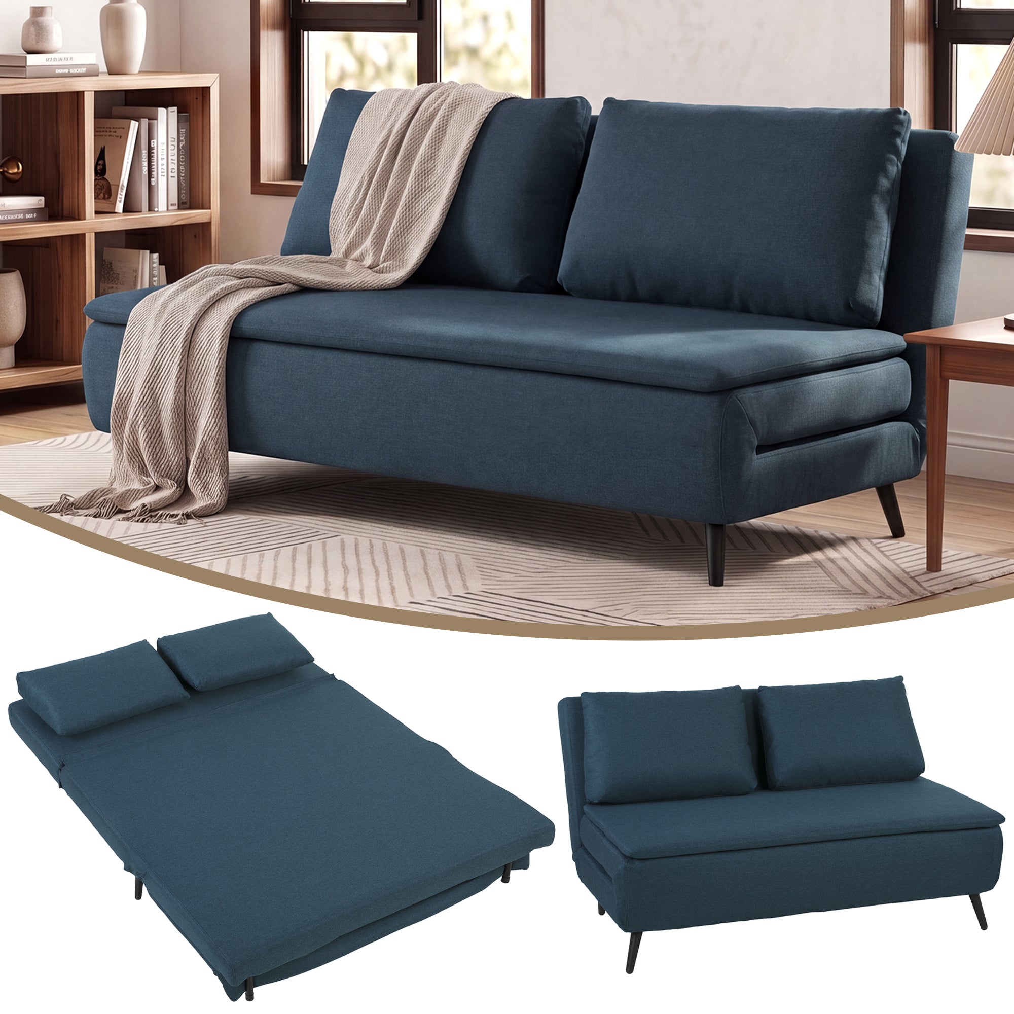 Canapé Convertible 2 Places, 135 x 188 cm, Canapé-Lit Clic-Clac 3 en 1 avec Dossier Réglable, Oreillers, Assise Large, Ressorts en S, Rembourré en Lin, pour Invités, Salon, Bureau, Bleu