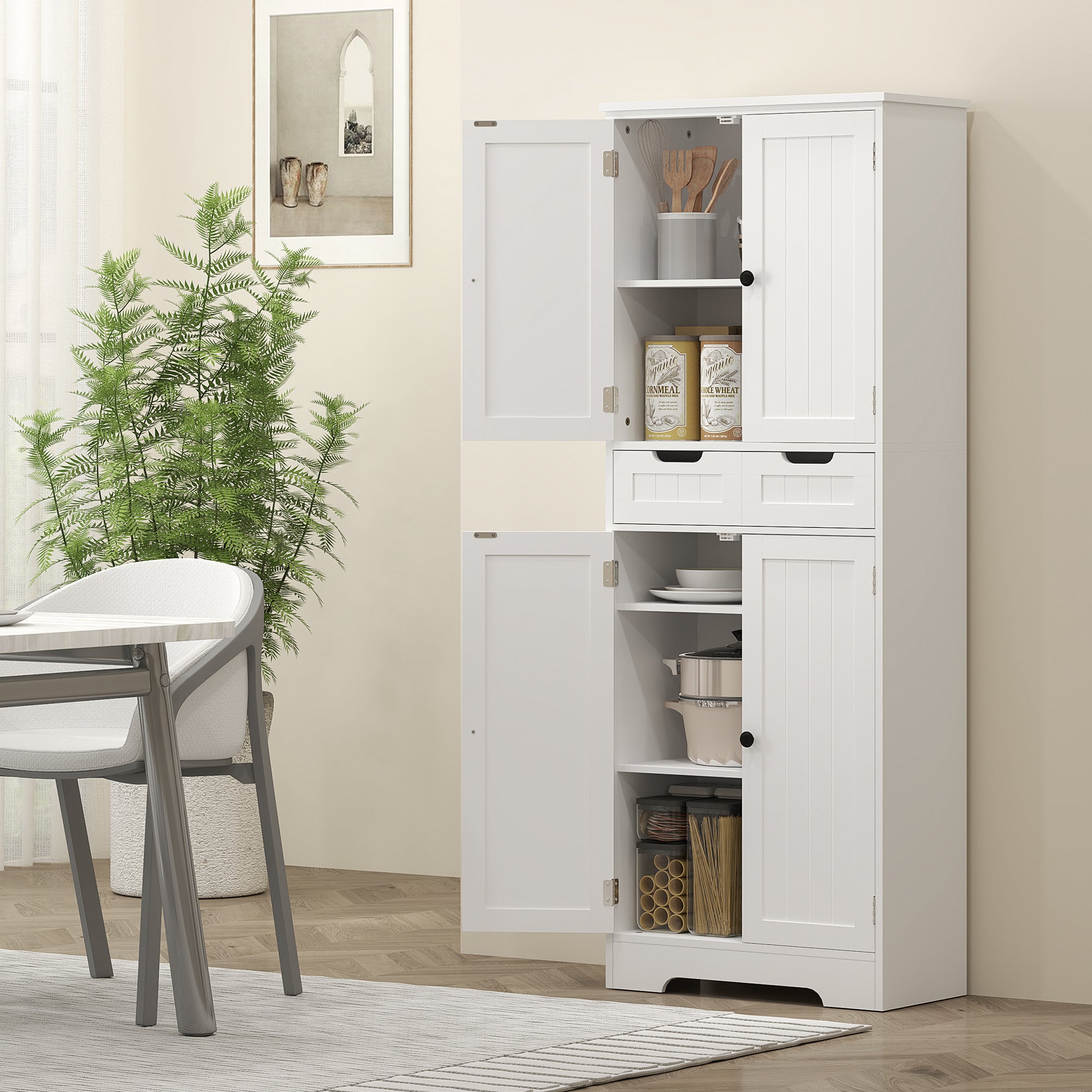 Meuble de salle de bain, meuble de rangement, colonne salle de bain avec tiroir et 4 portes, style moderne, pour salon, chambre, cuisine, 60 x 30 x 160 cm, blanc