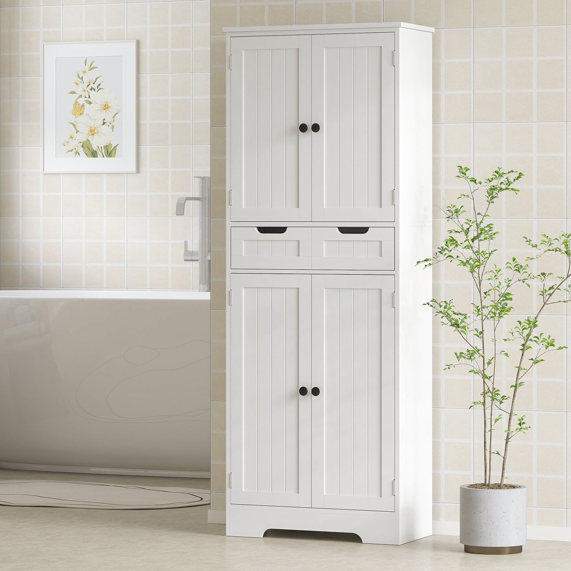 Meuble de salle de bain, meuble de rangement, colonne salle de bain avec tiroir et 4 portes, style moderne, pour salon, chambre, cuisine, 60 x 30 x 160 cm, blanc